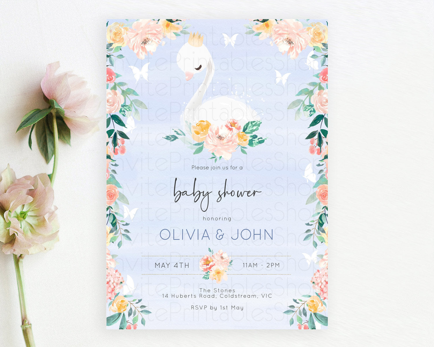 Editable Swan Baby Shower Invitation, Swan Lake Princess Ballet, Secret Gard