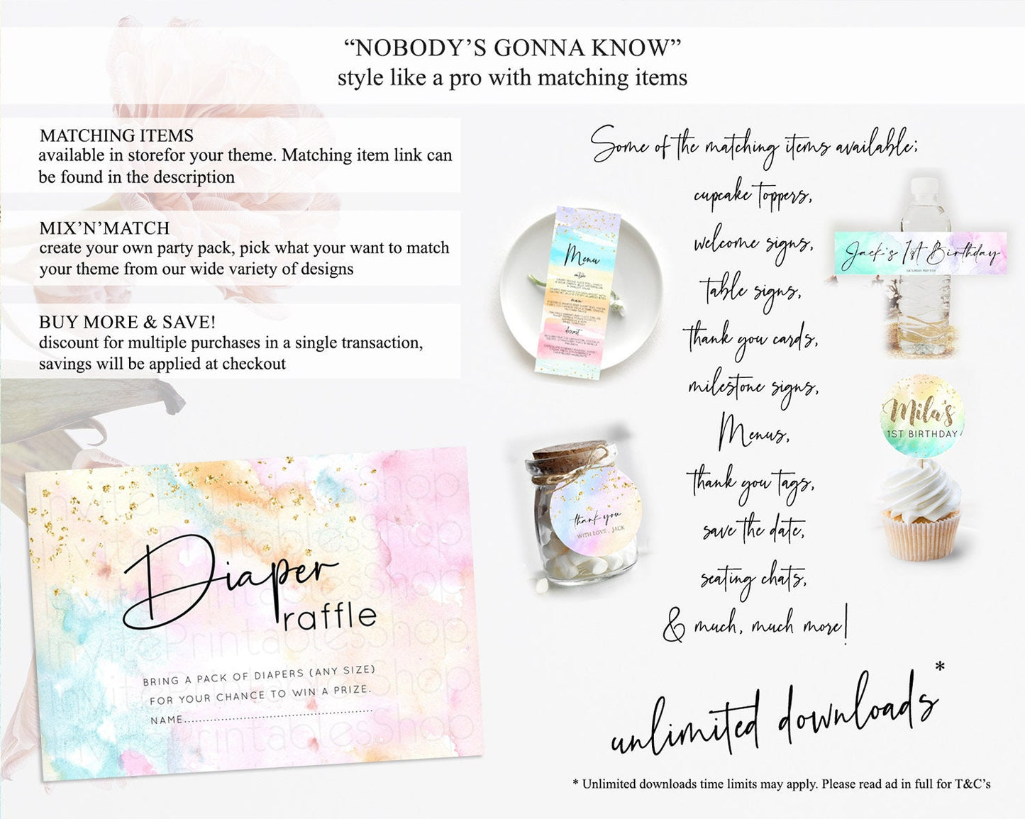 Pastel Diaper Raffle Card Pastel Rainbow Diaper Raffle Insert Colorful Ombre Watercolor Diaper Ticket Confetti Glitter Raffle Game D10548