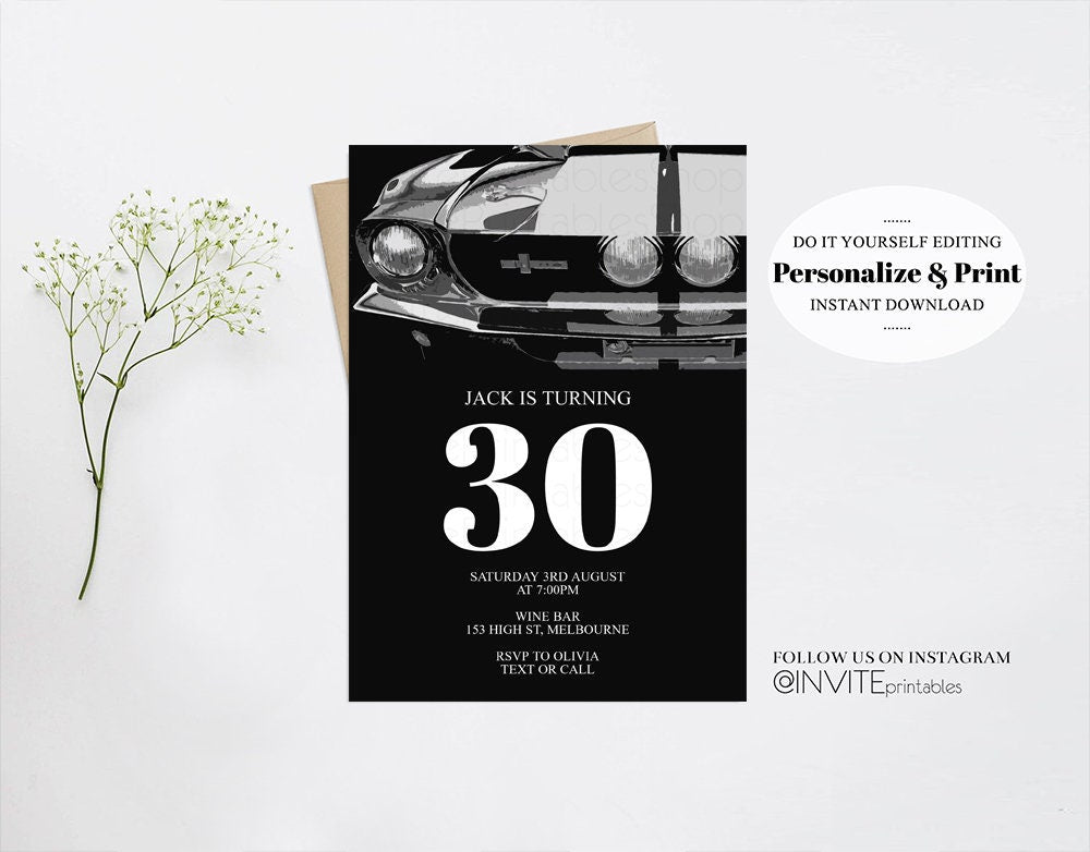 Car Mustang Birthday Invitation, Ford Mustang Invitation, Mustang Invite, Ford Birthday Invitation, Black, Mustang, Ford Black Grey