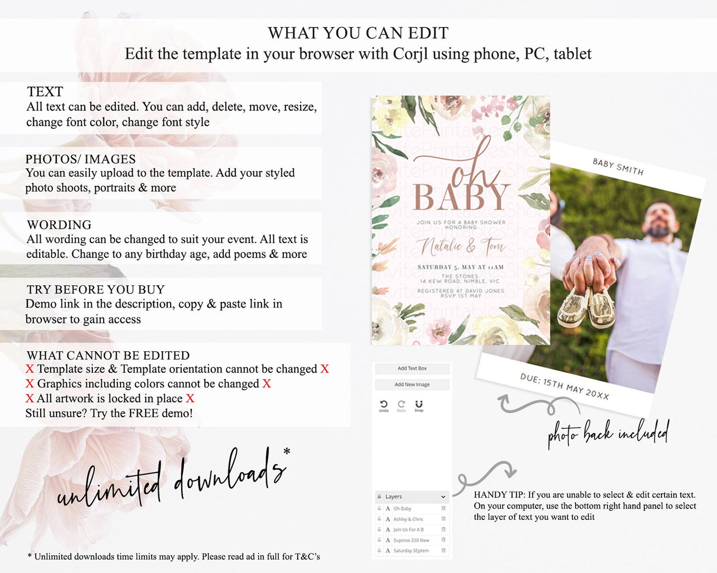 Wildflower Baby Shower Invitation, Enchanted Secret Garden Theme with Soft Pink, Green, and Yellow Flowers, Oh Baby Floral Invitation D10192