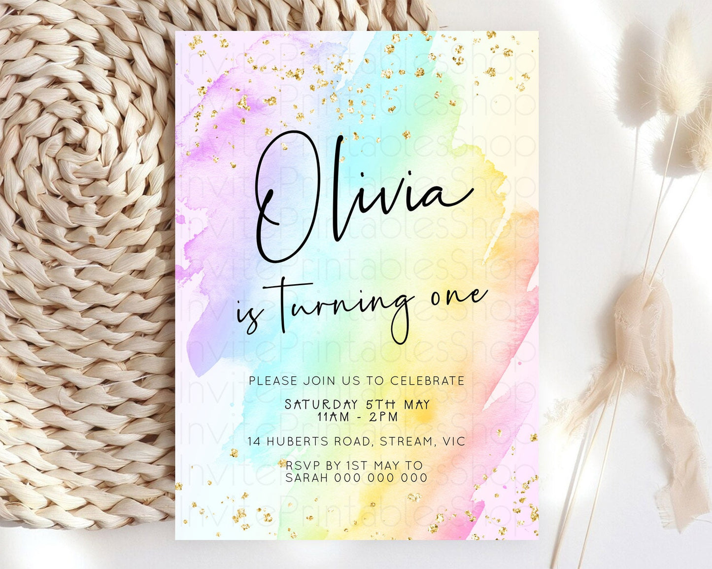 Pastel Birthday Invitation Ombre Watercolor Birthday Invitation Glitter Rainbow Color Splash 1st 2nd 3rd Birthday Invitation D23055