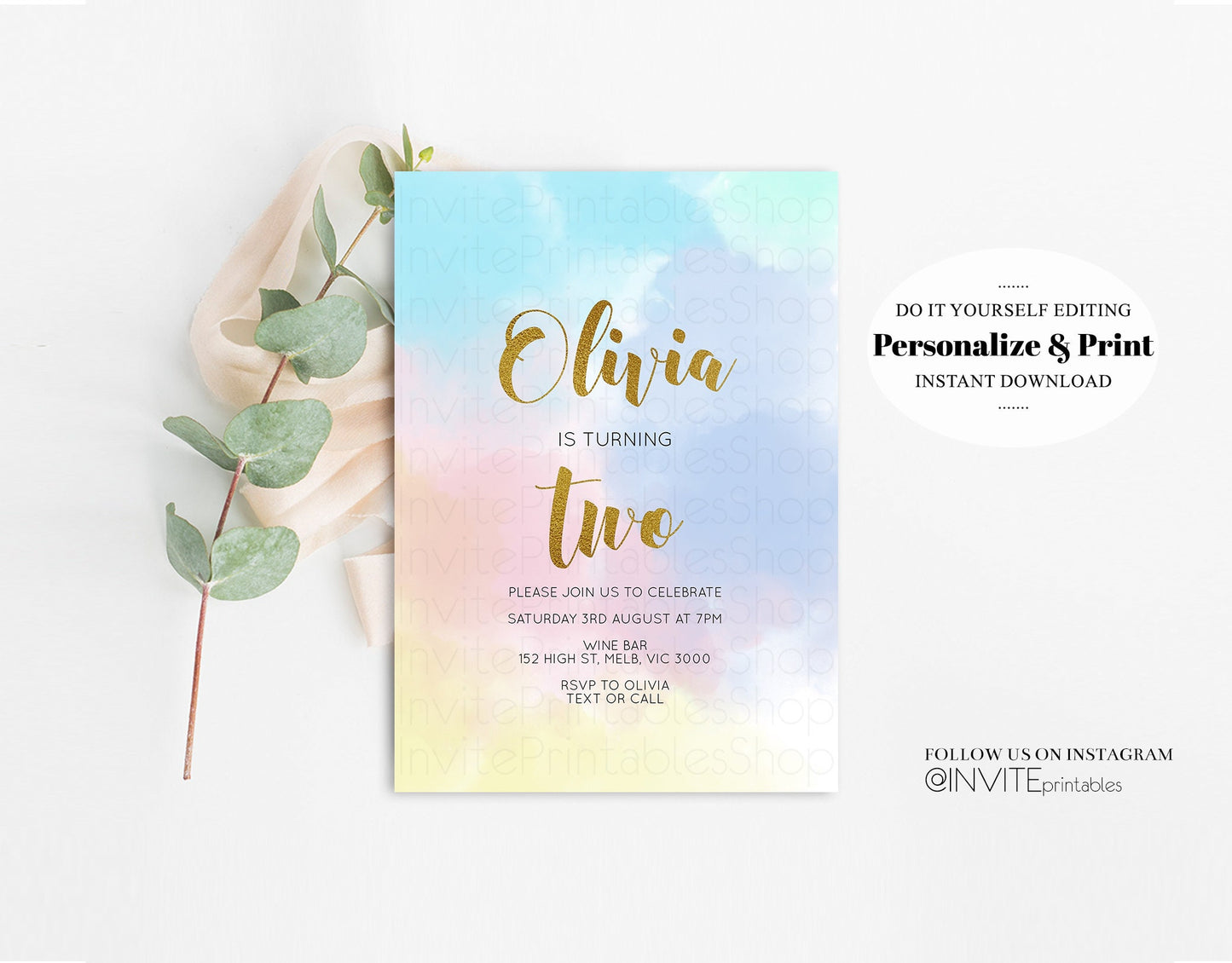 Rainbow Birthday Invitation Pastel Rainbow Invitation Colorful Pastel Rainbow Ombre Watercolor Gold Foil Glitter Sprinkles 1st 2nd 3rd