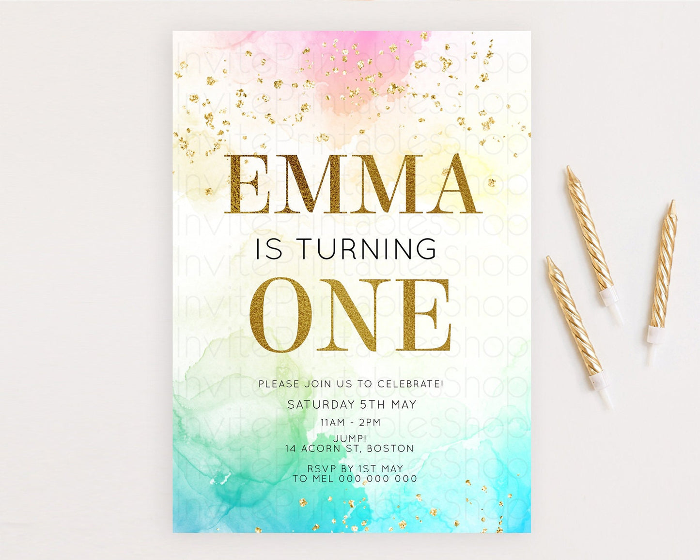 Rainbow Birthday Invitation Colorful Pastel Watercolor Invitation Gold Glitter Sprinkles Ombre Pastel 1st 2nd 3rd Birthday D10770