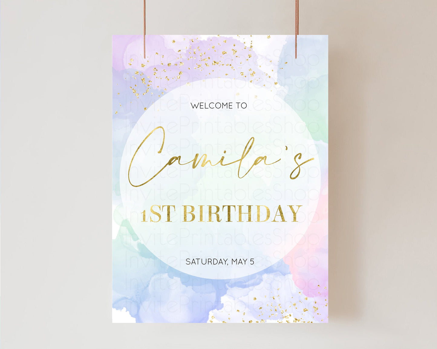 Rainbow Welcome Sign Pastel Watercolor Welcome Board Gold Glitter Confetti Colorful Splash Party Entry Sign 1st Birthday Poster 599v2