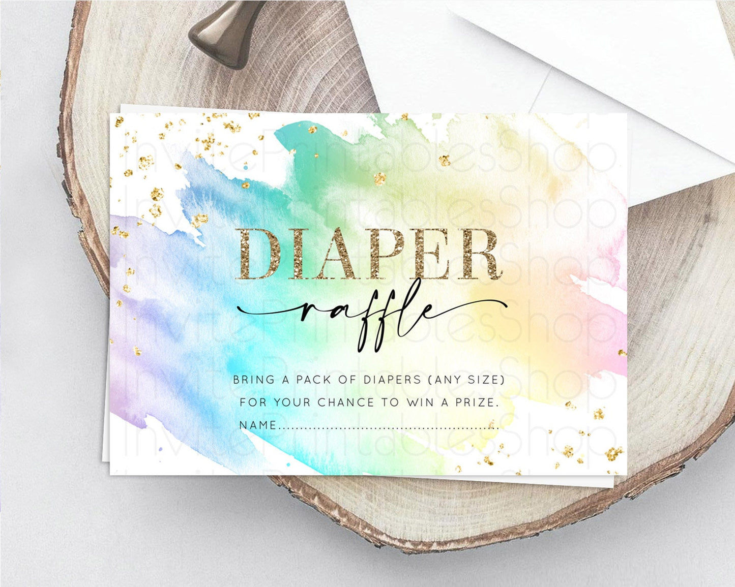 Pastel Diaper Raffle Card Pastel Rainbow Diaper Raffle Insert Colorful Ombre Watercolor Diaper Ticket Confetti Glitter Raffle Game D11028