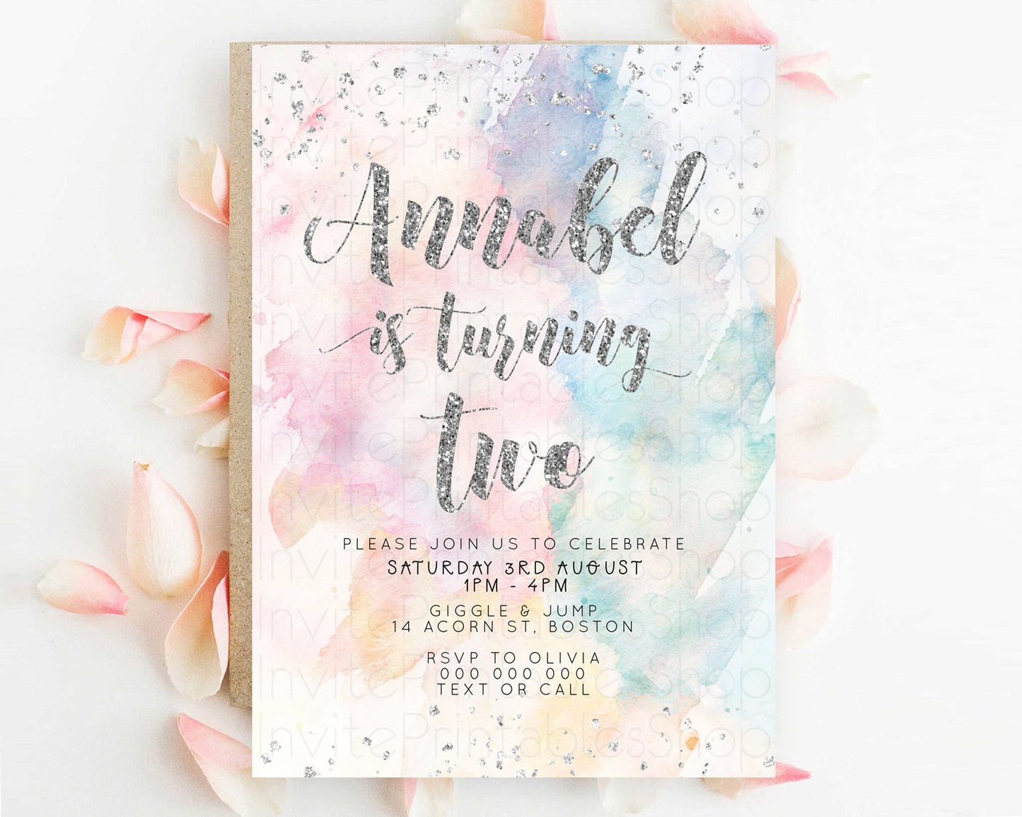 Rainbow Birthday Invitation Colorful Pastel Watercolor Silver Glitter Sprinkles Ombre Pastel Invitation 1st 2nd 3rd First Birthday D10944