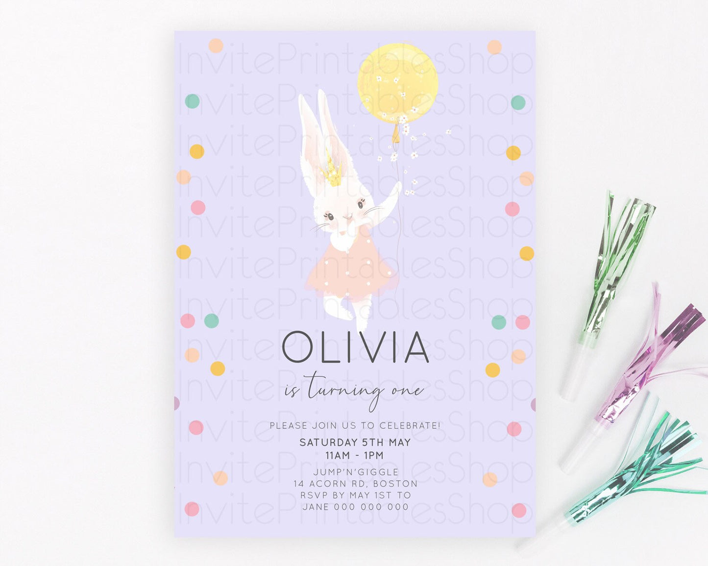 Bunny Birthday Invitation Pastel Bunny Invitation Bunny Balloon Invites Pastel Confetti Balloon Bunny Invites 2nd 1st First Birthday 199v2