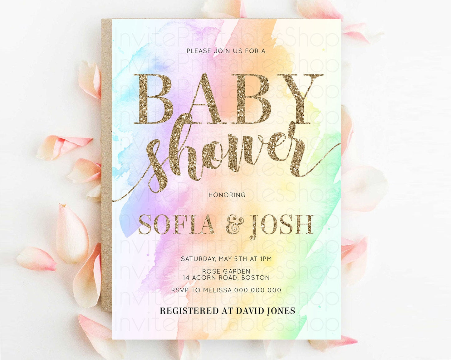 Pastel Baby Shower Invitation Rainbow Baby Shower Invitation Colorful Pastel Watercolor Invitation Gold Glitter Sprinkles Ombre D10643