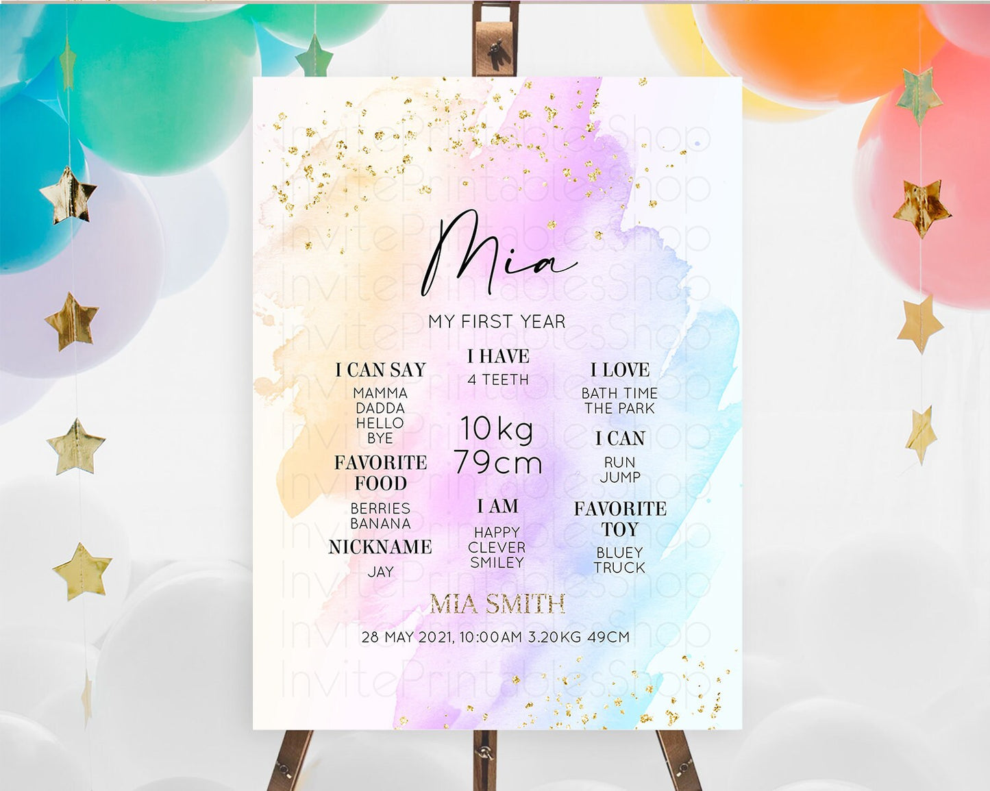 Pastel First Birthday Milestone Board Pastel Rainbow Milestone Poster Colorful Confetti Watercolor Glitter 1st Birthday Welcome Sign D10175