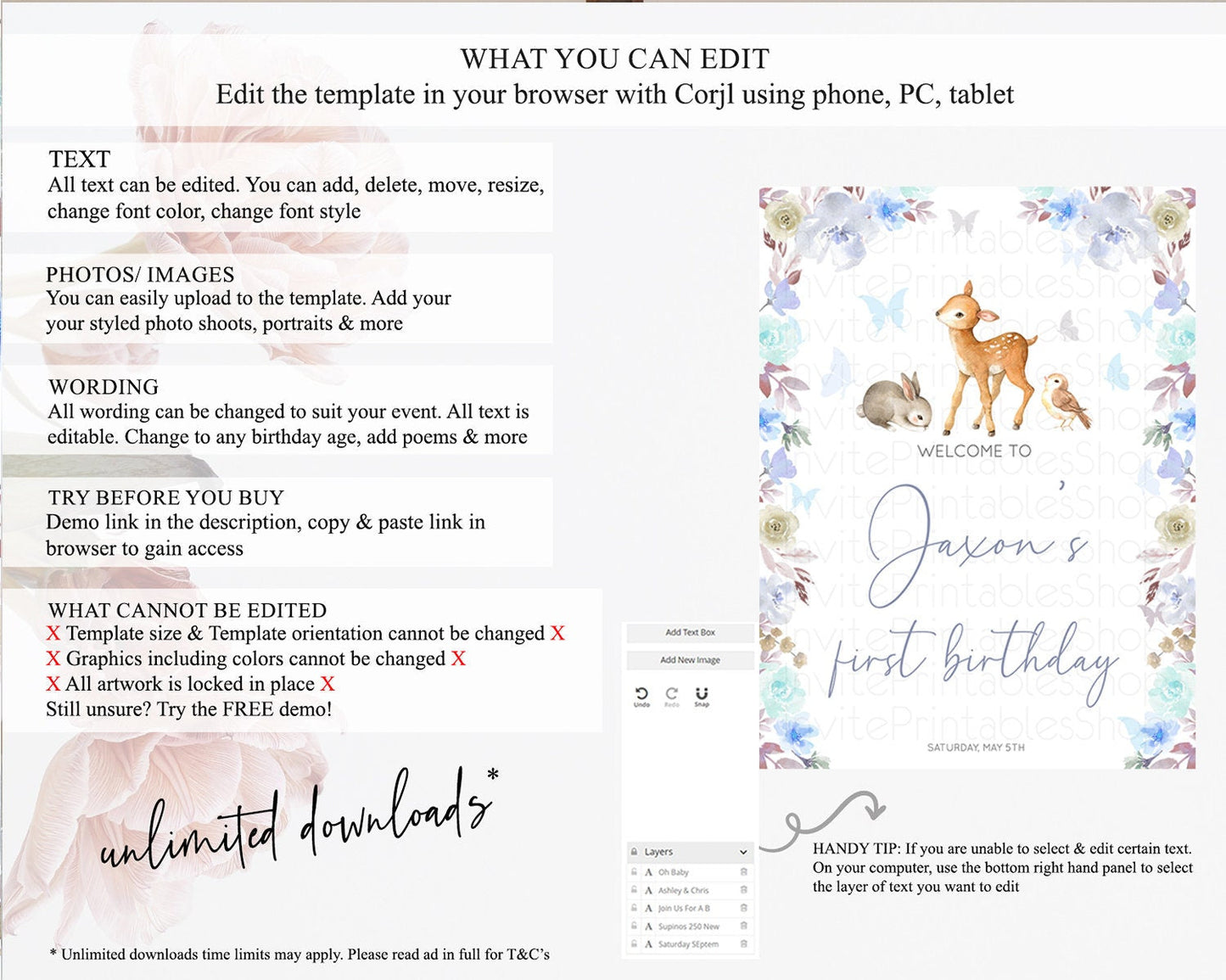 Fawn Welcome Sign Deer Welcome Board Floral Deer Welcome Poster Enchanted Forest Butterfly Pastel Floral First Birthday Welcome Sign D10929