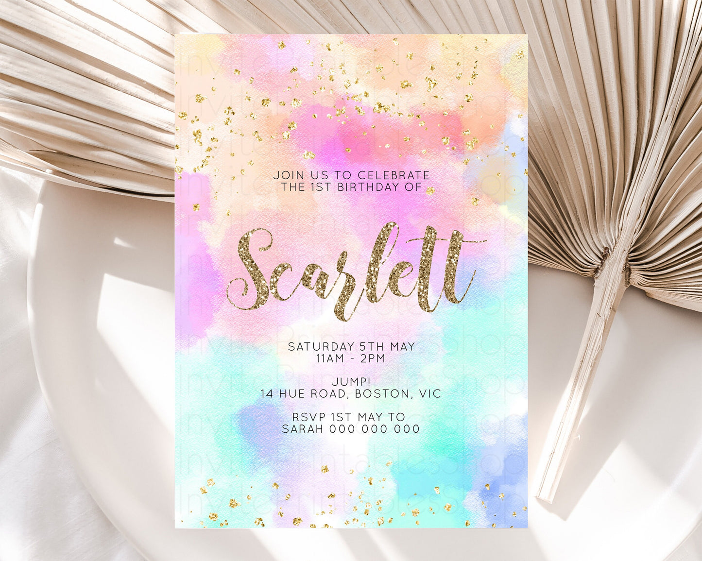 Rainbow Birthday Invitation Pastel Birthday Invite Ombre Watercolor Invite Enchanted Theme Colorful Splash Glitter Sprinkles 1st 2nd 3rd