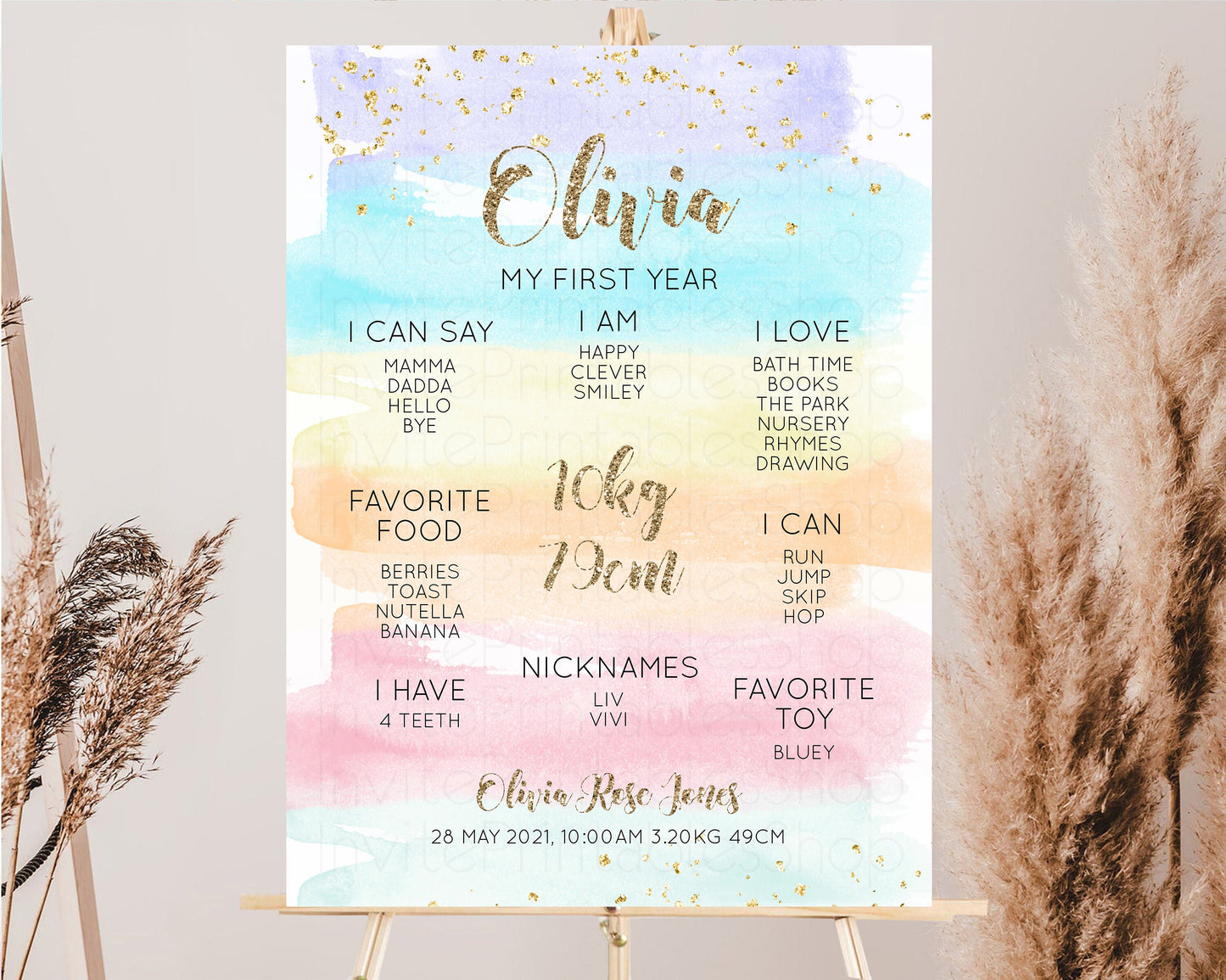 Pastel First Birthday Milestone Board Pastel Rainbow Milestone Poster Watercolor  Glitter One Year Poster Colorful Splash Baby 1st Year 525