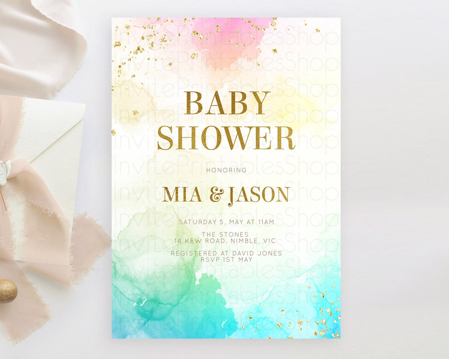 Pastel Baby Shower Invitation Rainbow Baby Shower Invitation Colorful Pastel Watercolor Invitation Gold Glitter Sprinkles Ombre D10770