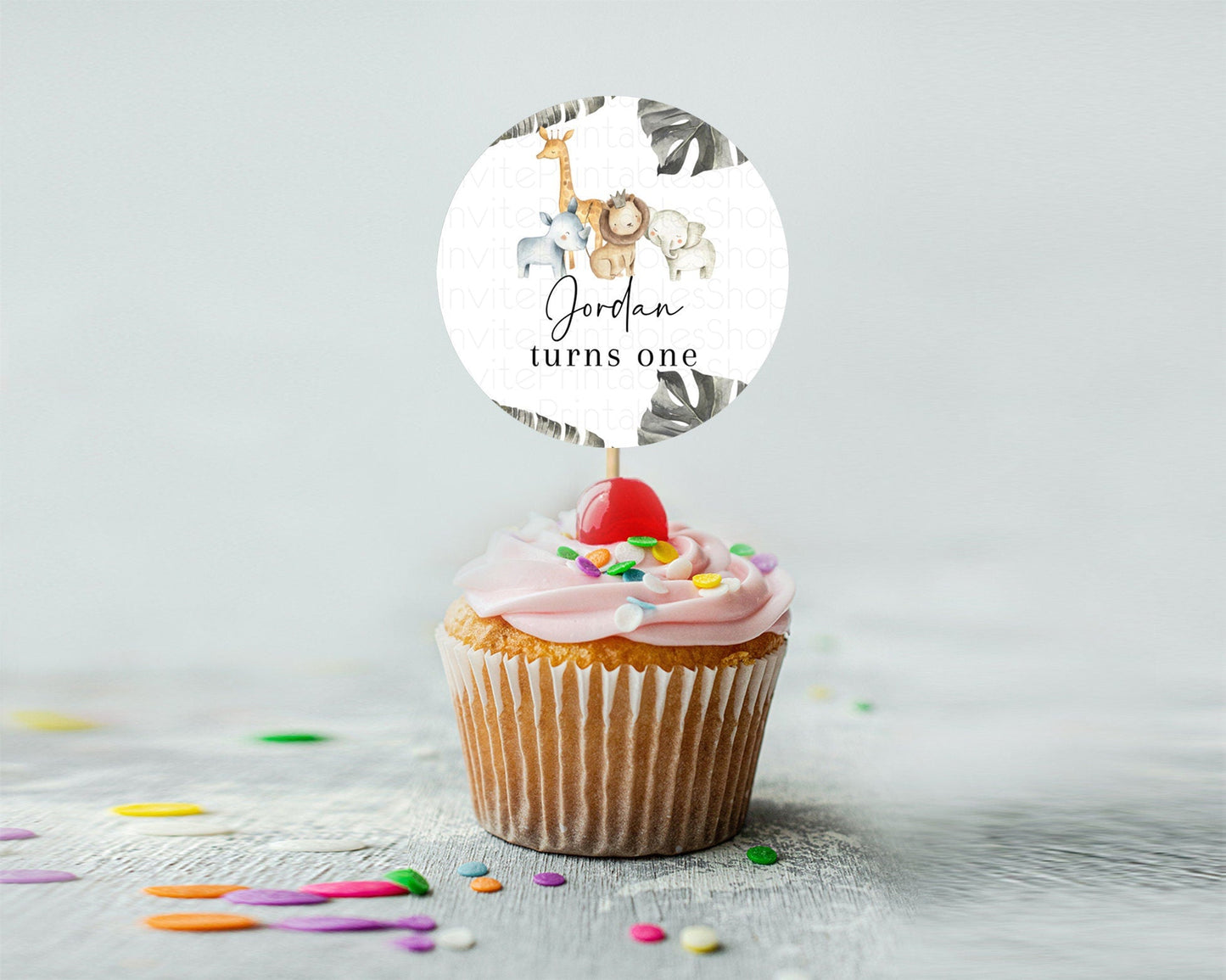 Safari Cupcake Toppers Lion Gorilla Elephant Rhino Tropical Palm Decor Jungle Safari Adventure Zoo Cupcake Topper First Birthday D10599