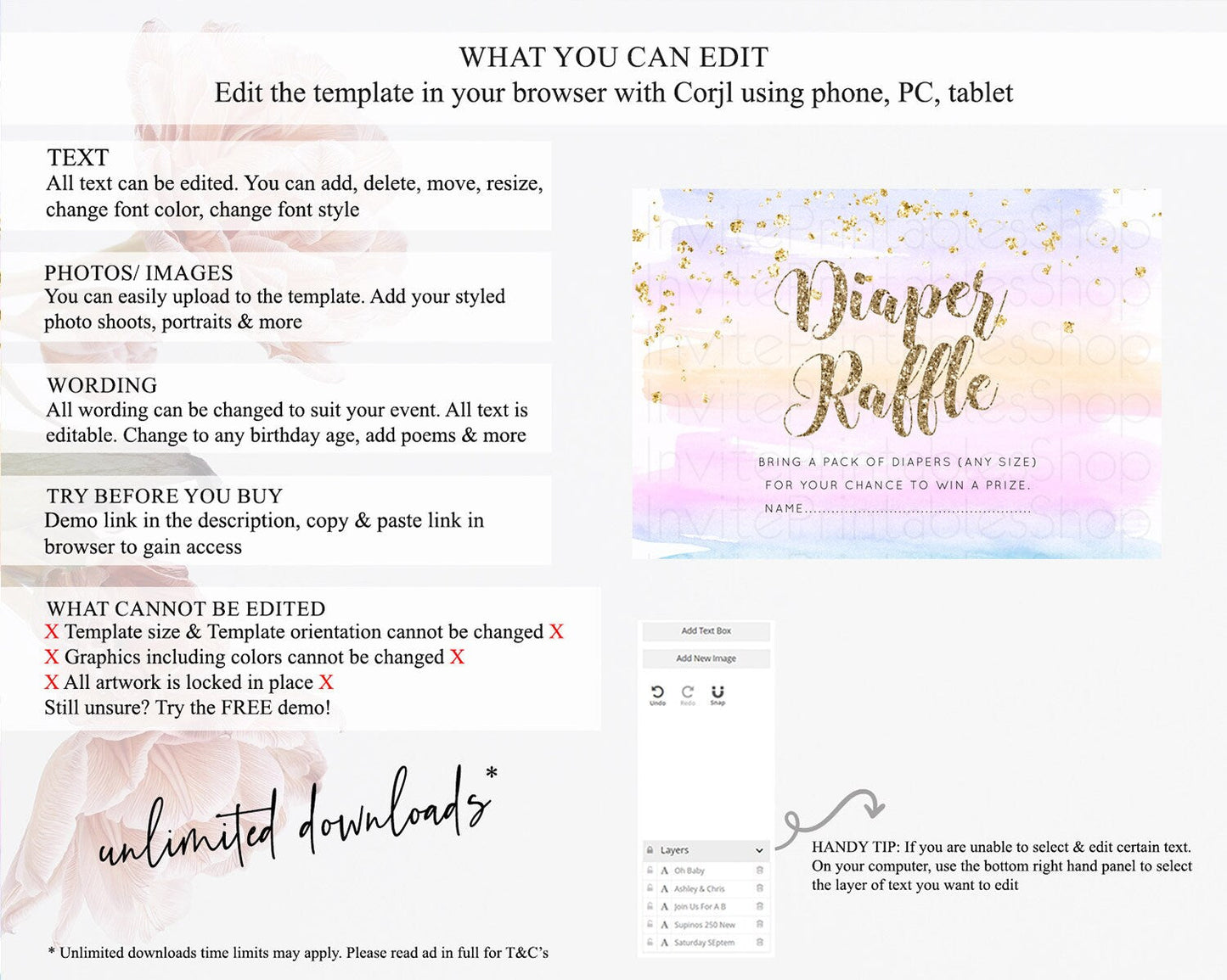Pastel Diaper Raffle Card Pastel Rainbow Diaper Raffle Insert Colorful Ombre Watercolor Diaper Ticket Confetti Glitter Raffle Game D10595