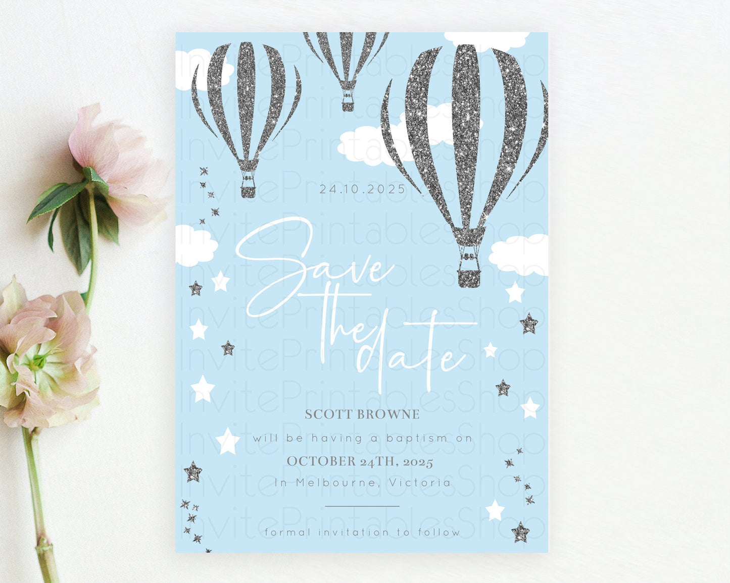 Hot Air Balloon Save The Date Template Adventure Awaits Mr. ONEderful Party 1st Birthday Baptism Baby Shower D10335