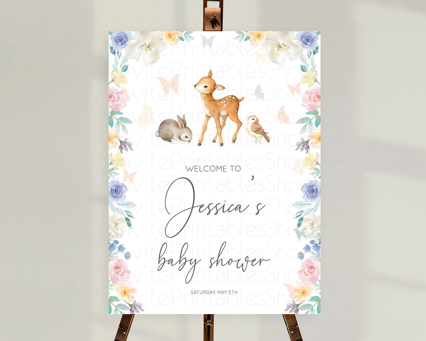 Fawn Baby Shower Welcome Sign Deer Welcome Board Floral Deer Welcome Poster Enchanted Forest Butterfly Pastel Floral Welcome Sign D10930