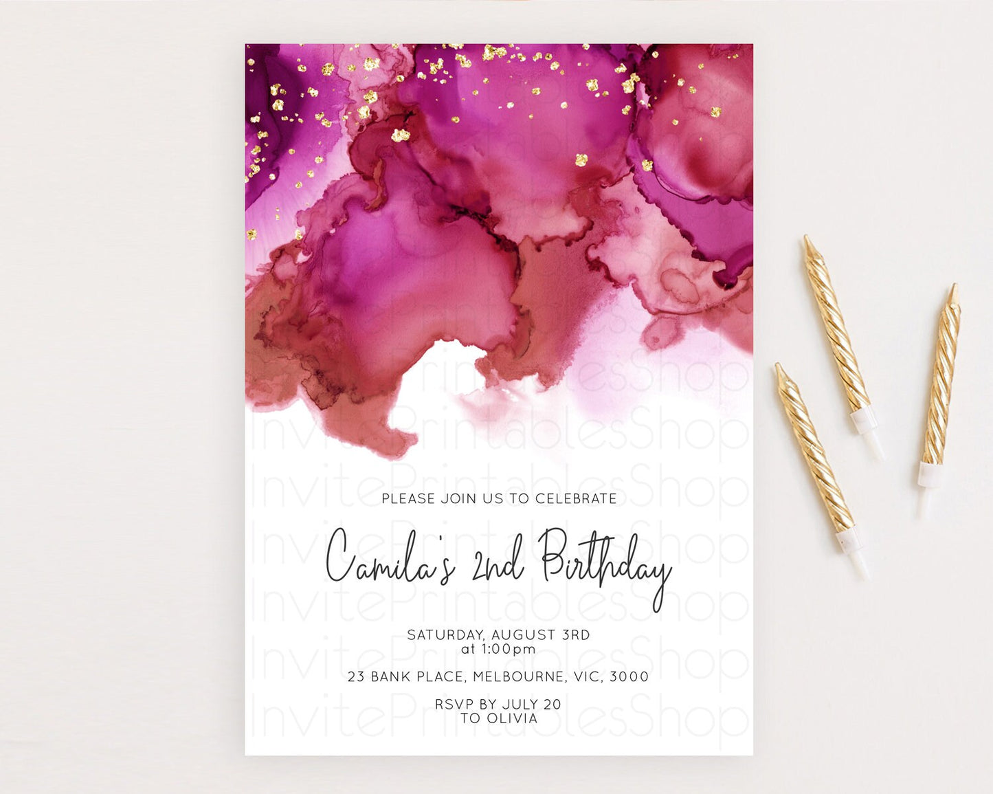 Pink Birthday Invitation pink Watercolor Invitation Pastel pink Watercolor Invitation pink Splash Gold Invitation 1st First Birthday D11069