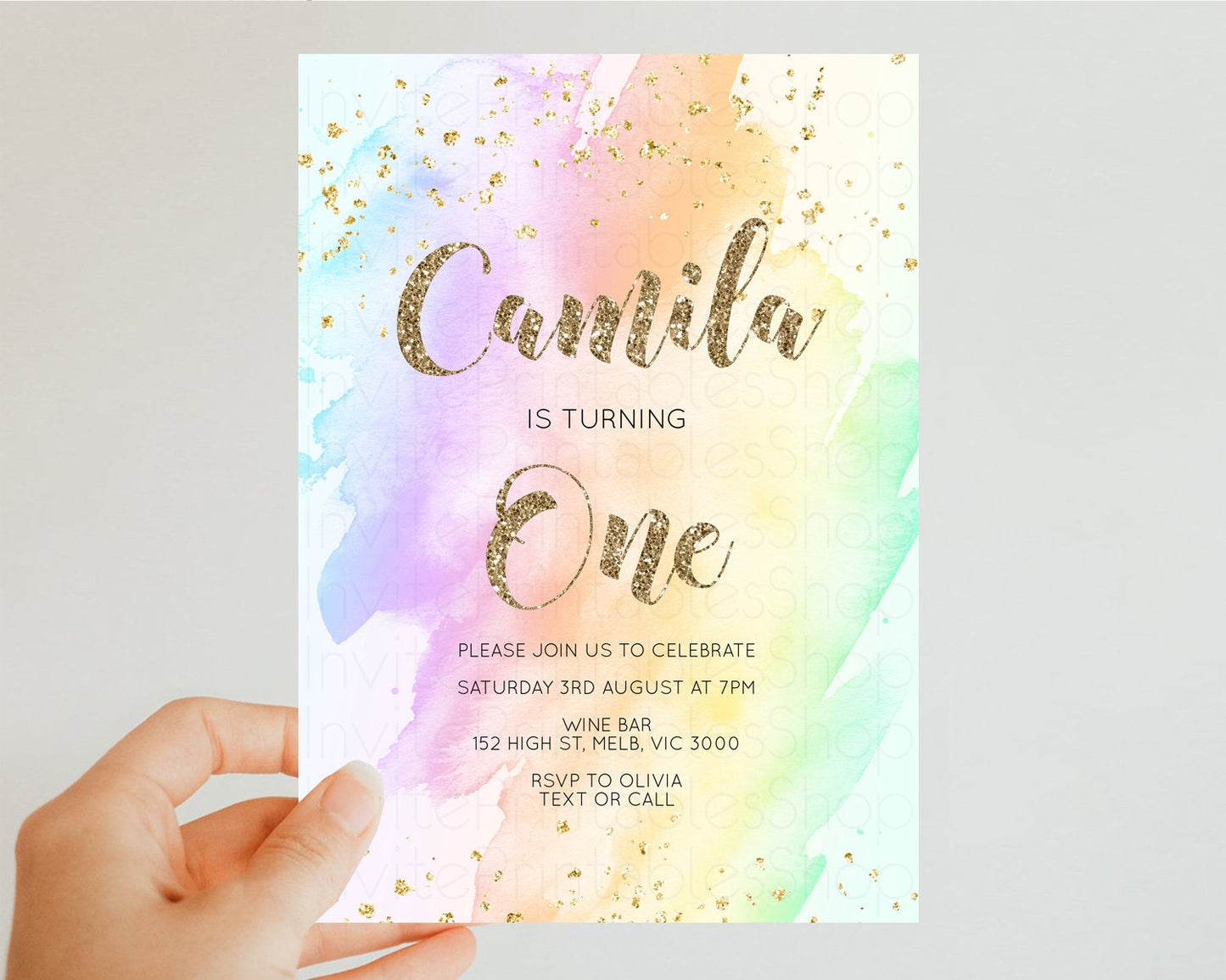 Rainbow Birthday Invitation Glitter Pastel Invitation Colorful Watercolor Gold Foil Splatter Sprinkle Ombre 1st 2nd 3rd Birthday Invite g602