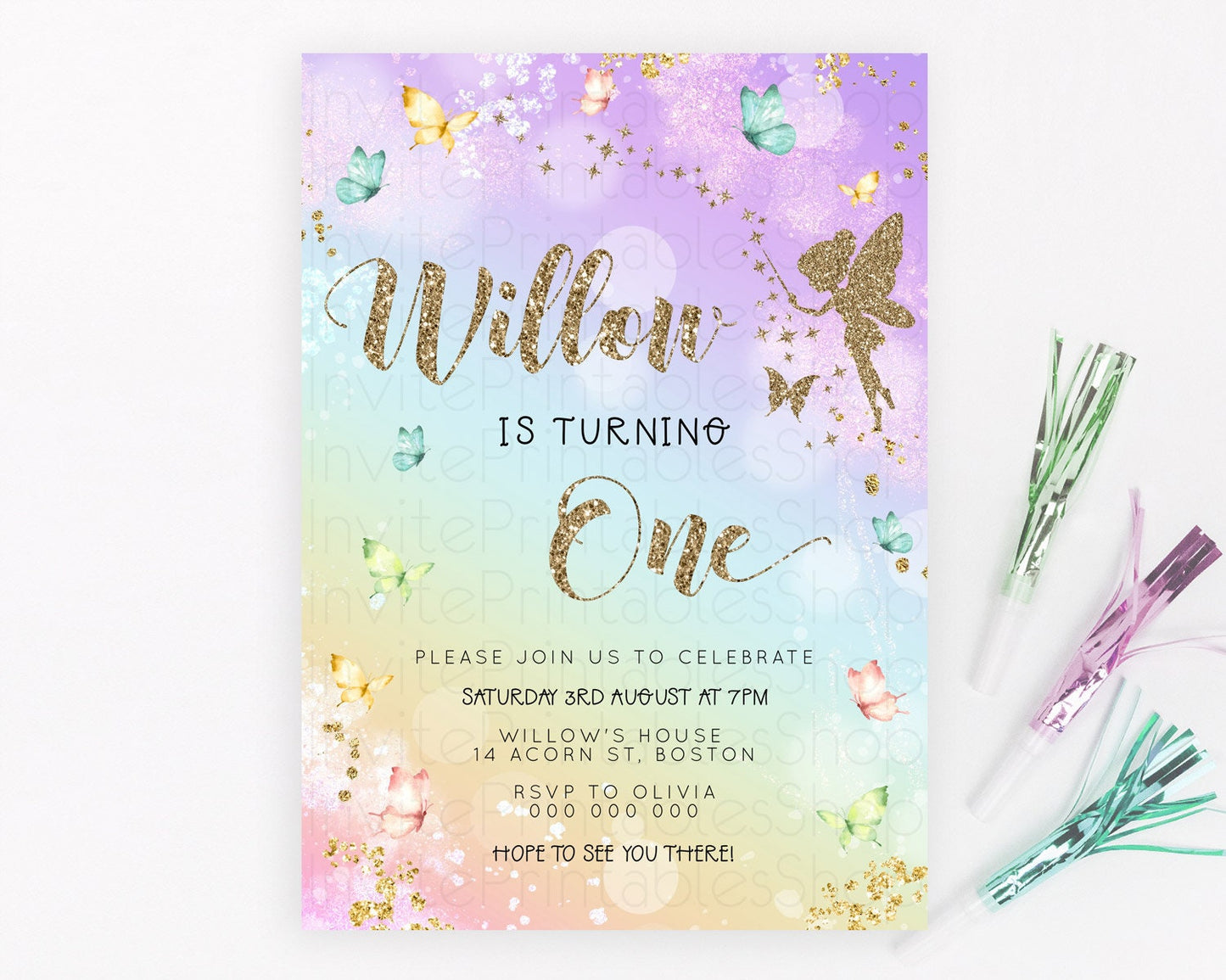 Pastel Fairy Birthday Invitation Pastel Butterflies Fairy Birthday Invitation Rainbow Ombre Watercolor 1st 2nd Birthday Invitation D23161