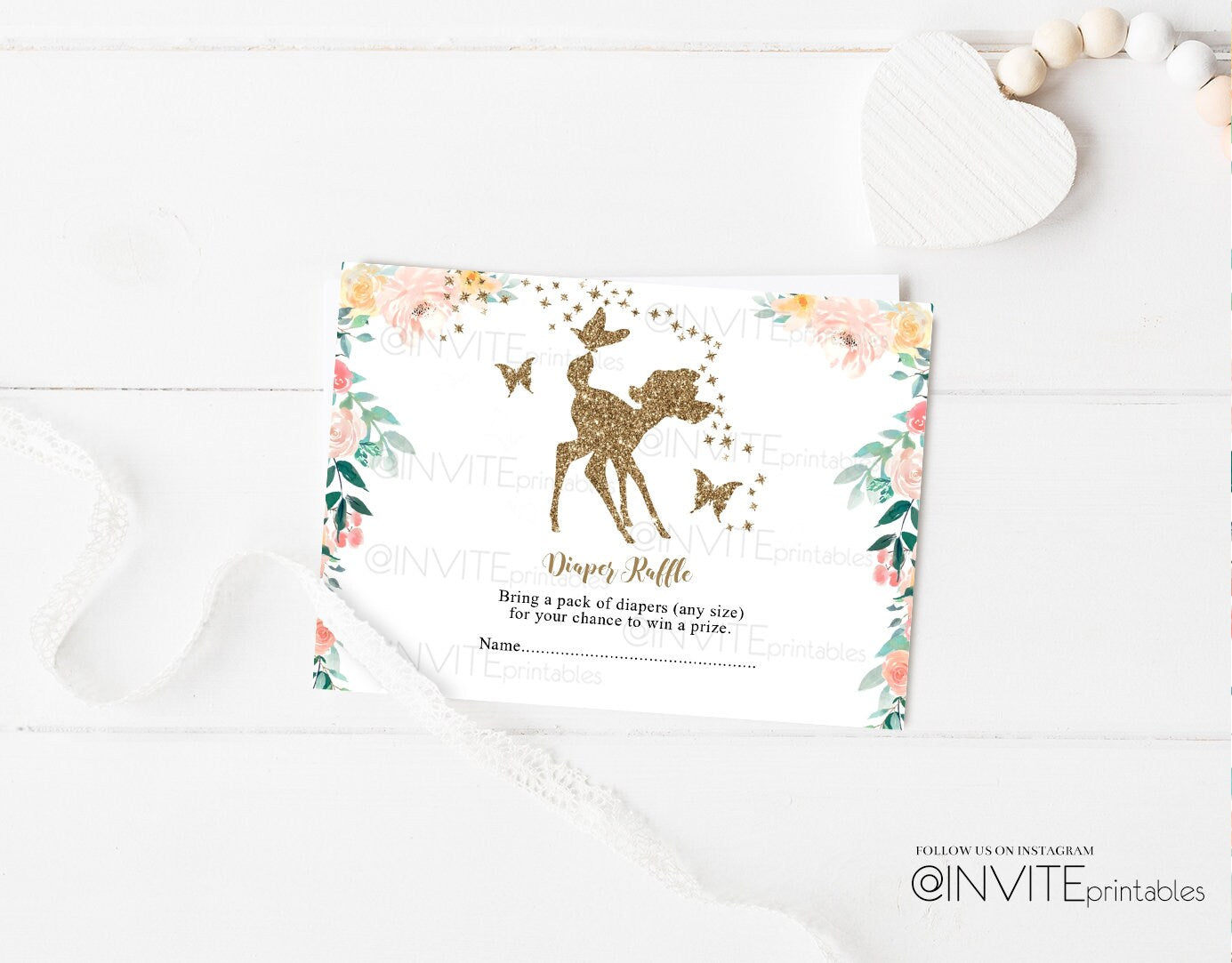 Bambi Diaper Raffle Card Bambi Baby Shower Diaper Insert Floral Garden Woodland Animal Enchanted Forest Glitter Fawn Deer Instant Download