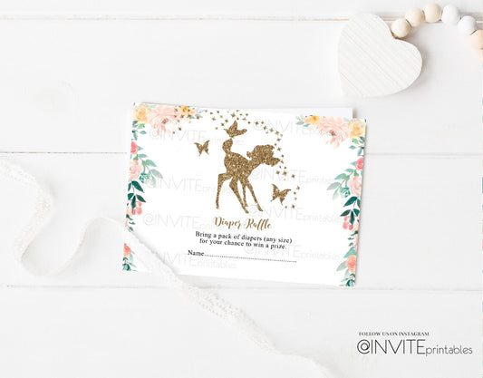 Bambi Diaper Raffle Card Bambi Baby Shower Diaper Insert Floral Garden Woodland Animal Enchanted Forest Glitter Fawn Deer Instant Download