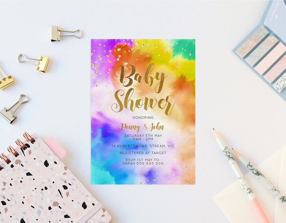 Rainbow Baby Shower Invitation Pastel Watercolor Invitation Tie dye Invite Gold Sprinkle Invite Gold Glitter Invite Confetti Invite 532