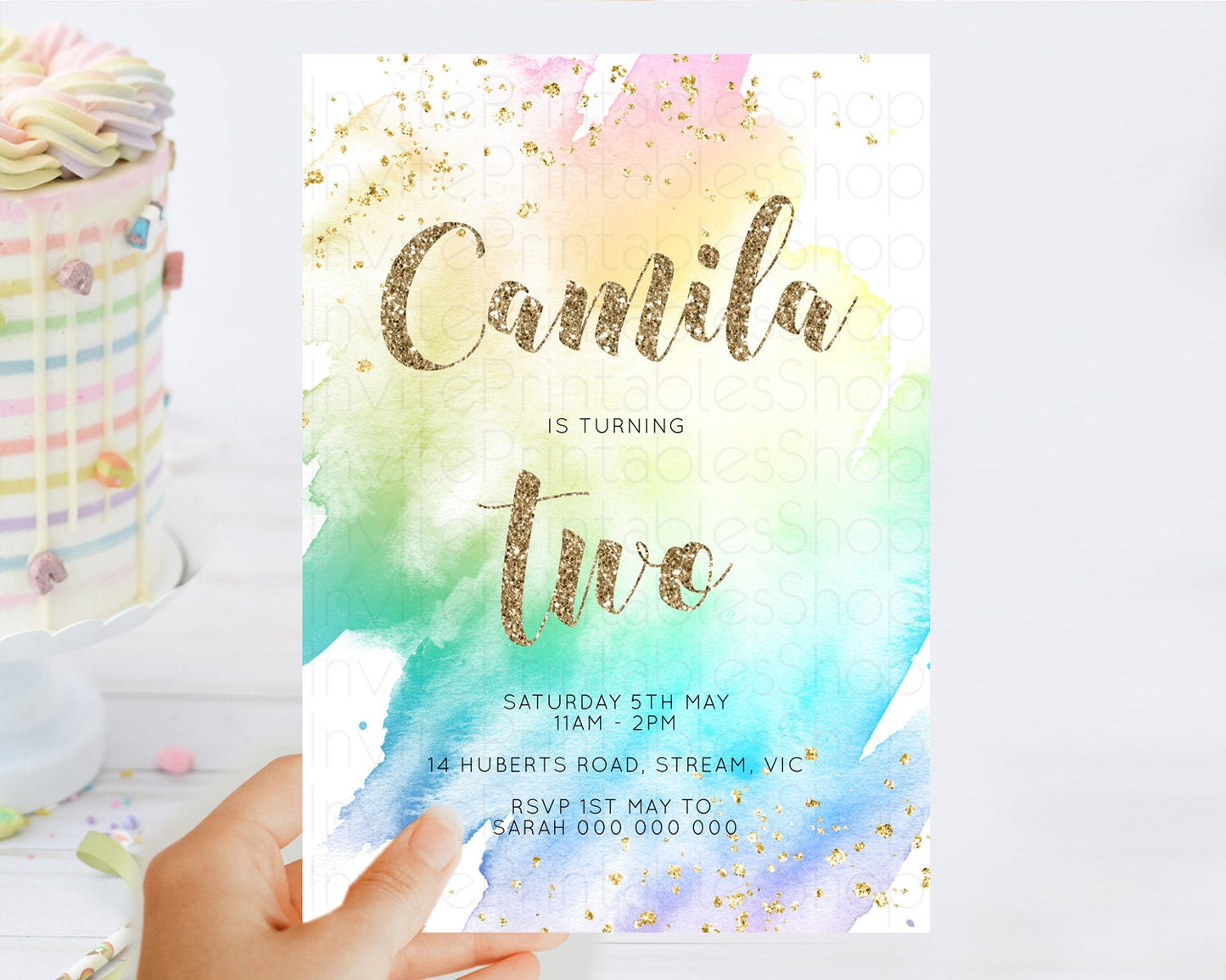 Rainbow Birthday Invitation Colorful Pastel Watercolor Invitation Gold Glitter Sprinkles Ombre Pastel 1st 2nd 3rd Birthday D10259