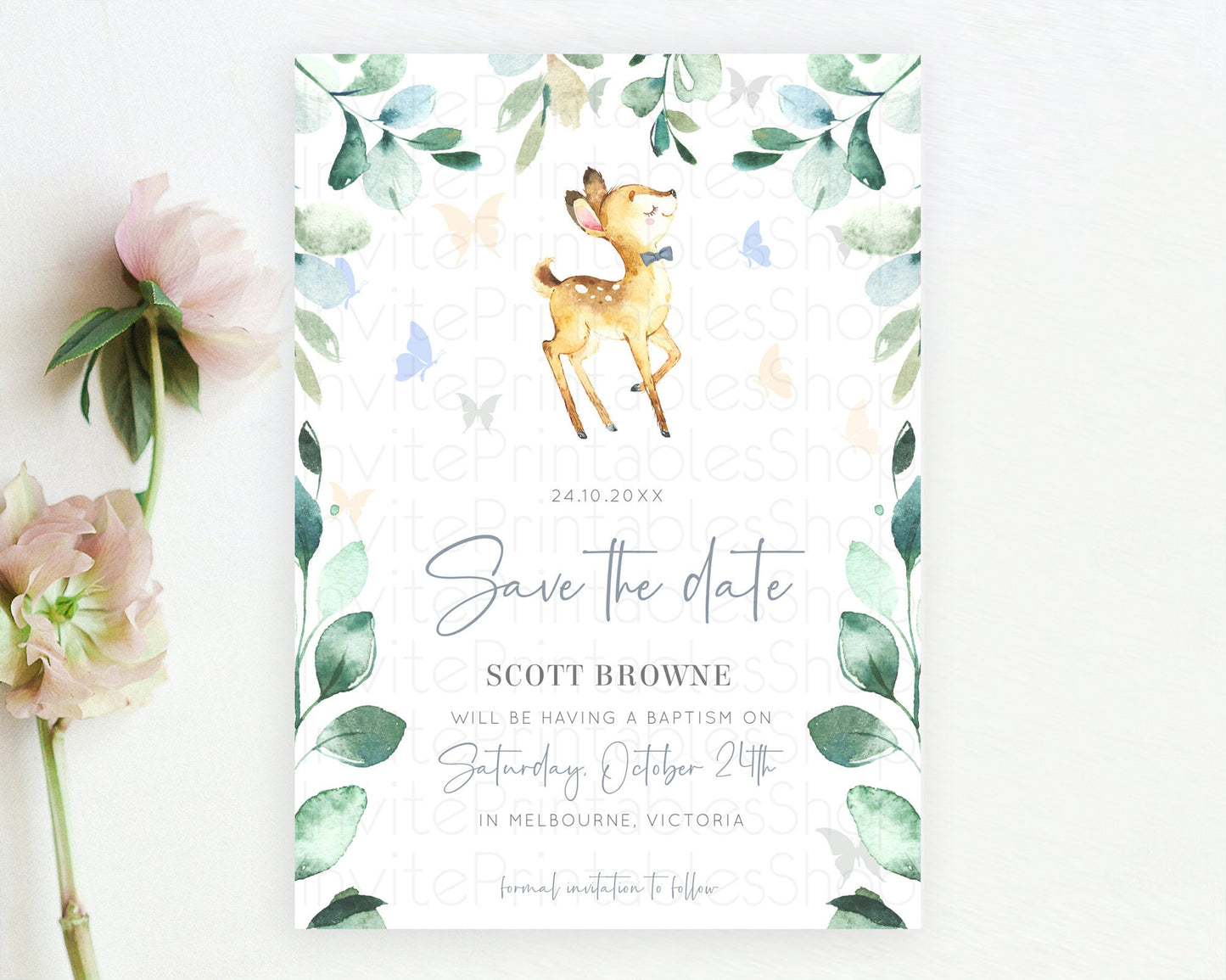 Fawn Deer Save The Date Template Pastel Floral Deer Enchanted Forest Butterfly Party 1st Birthday Baptism Baby Shower Bridal Shower D10767