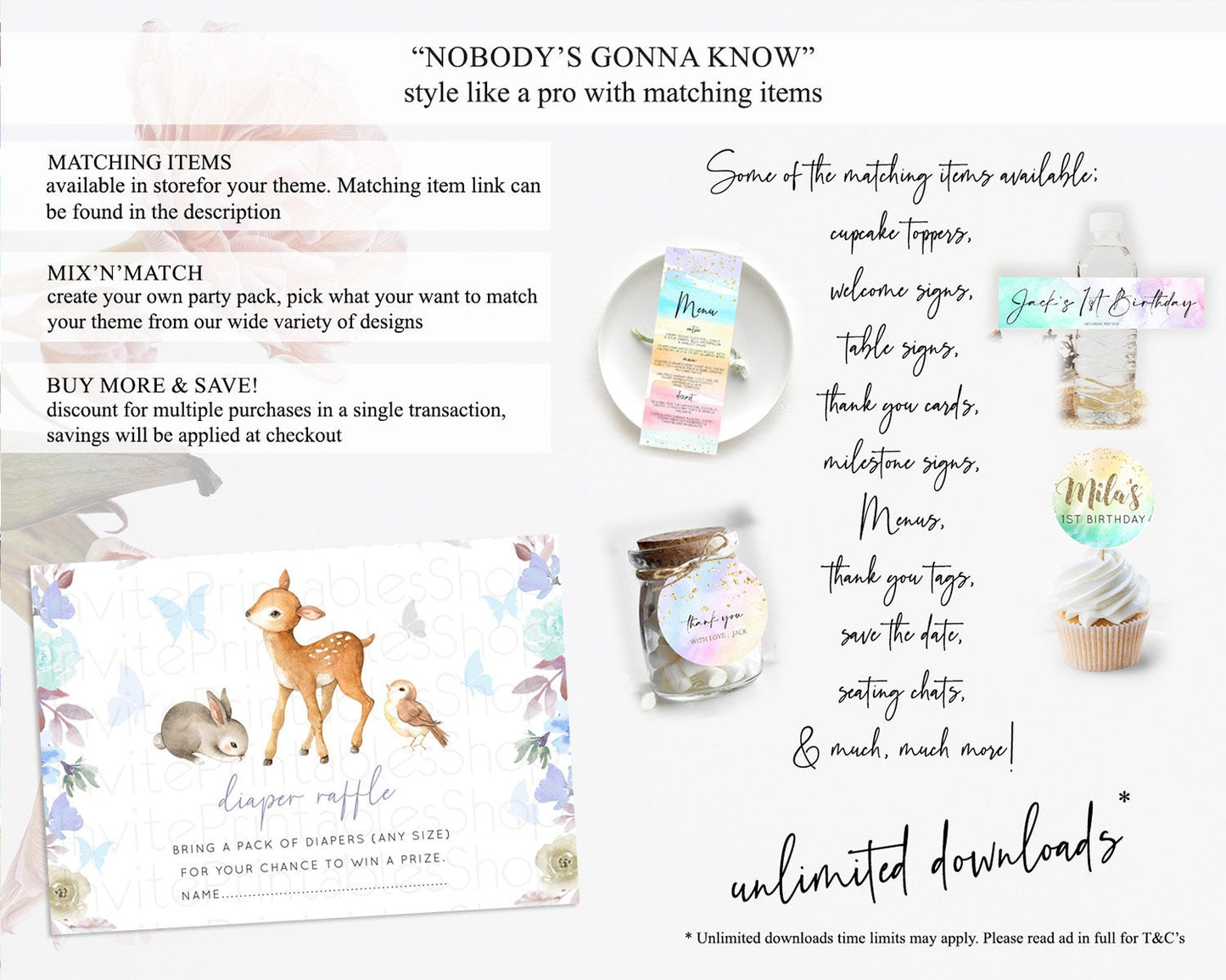 Fawn Diaper Raffle Card Deer Diaper Insert Floral Deer Diaper Ticket Enchanted Forest Butterfly Pastel Baby Shower Raffle Game D10929