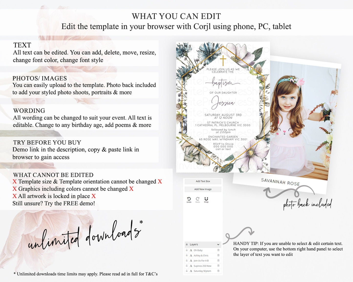 Secret Garden Baptism Invitation Wildflower Baptism Birthday Invite Pastel Flowers Christening Invite Enchanted Garden Boho Floral D10501