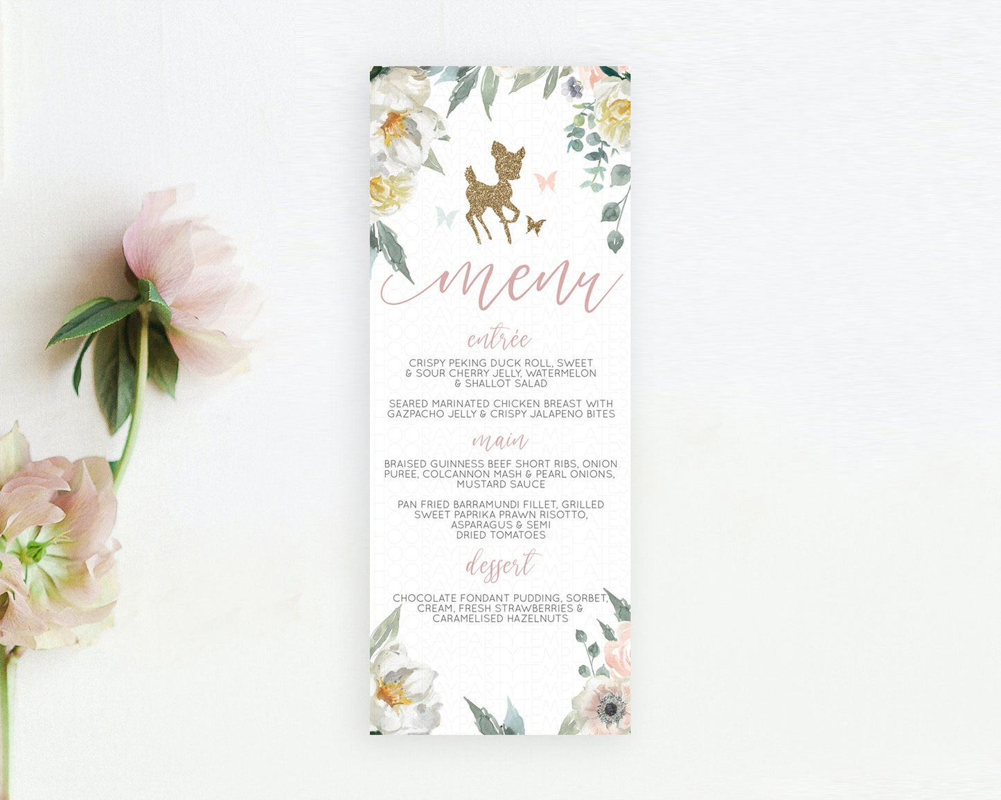 Fawn Menu Deer Menu Template Pastel Floral Deer Table Decor Enchanted Forest Butterfly Floral Dinner Dessert Menu Party Food Menu D10120