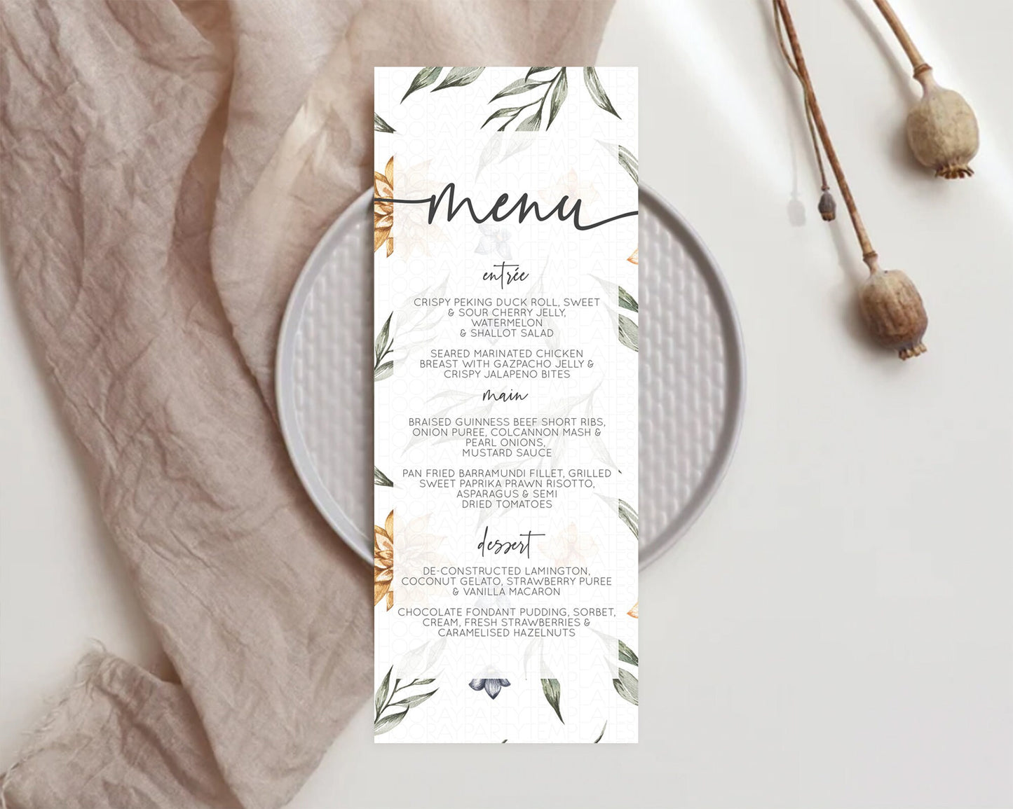 Leafy Menu Green Leaf Menu Template Eucalyptus Fern Leaves Decor Watercolor Boho Garden Leaf Branch Dinner Dessert Party Food Menu D10544