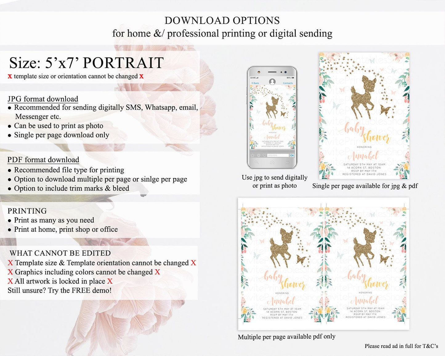 Enchanted Forest Baby Shower Invitation, Whimsical Deer and Butterfly, Pastel Flowers Pink, Green, Orange - Gold Glitter Floral Theme D10874