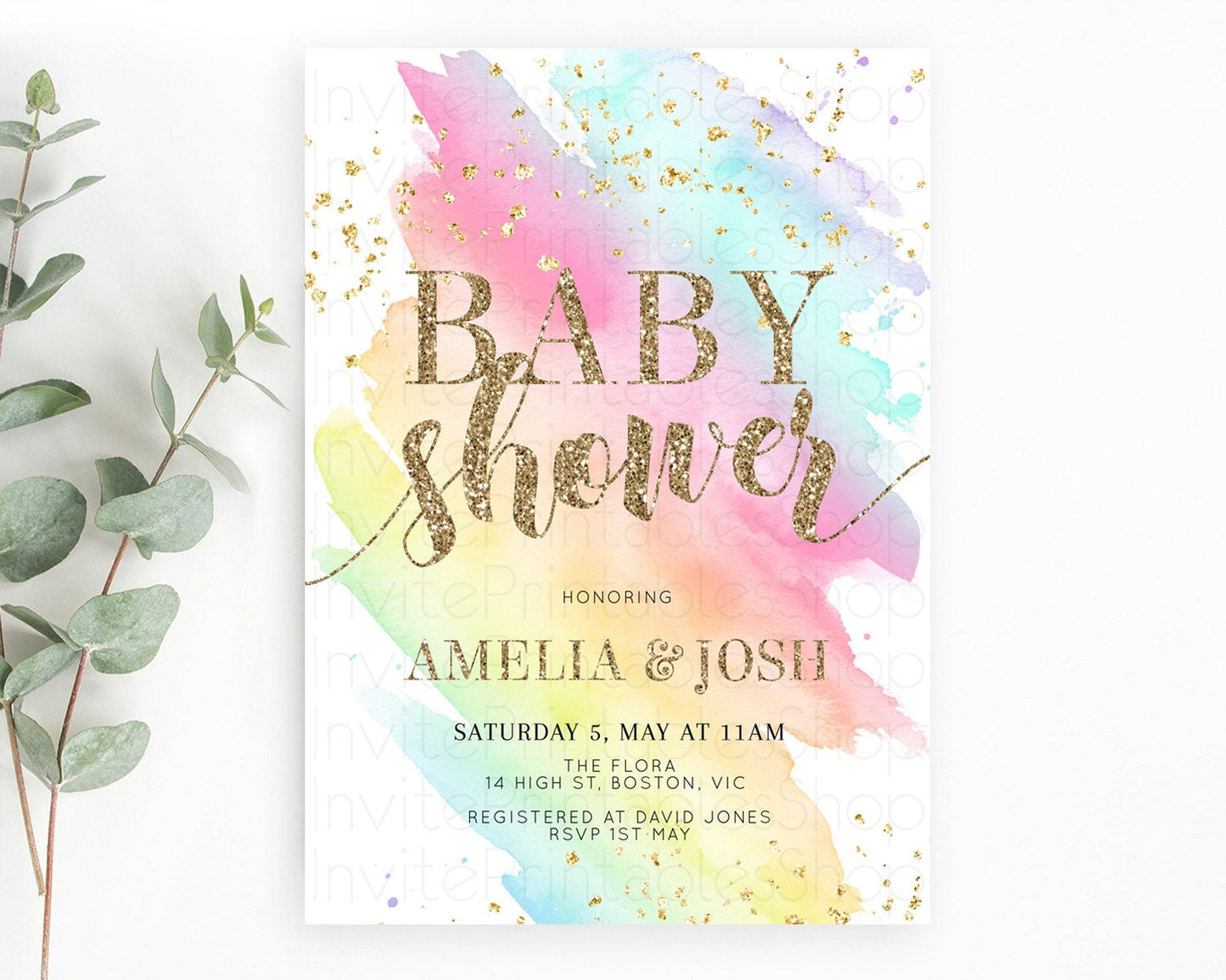 Pastel Baby Shower Invitation Rainbow Baby Shower Invitation Colorful Pastel Watercolor Invitation Gold Glitter Sprinkles Ombre D10495