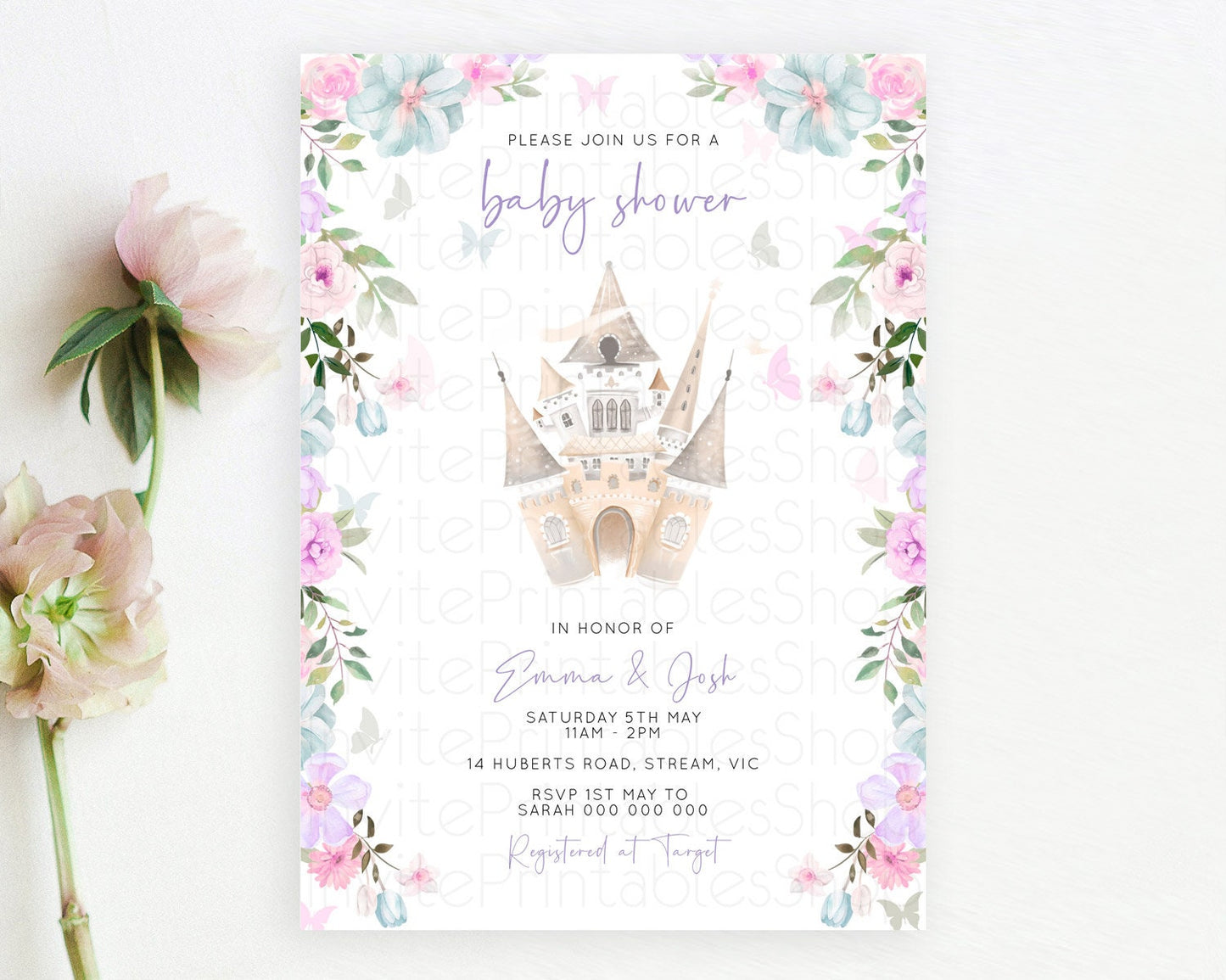 Pastel Princess Baby Shower Invitation Floral Castle Invitation Royal Baby Invite Enchanted Castle Pastel Flower Garden Baby Shower D10471