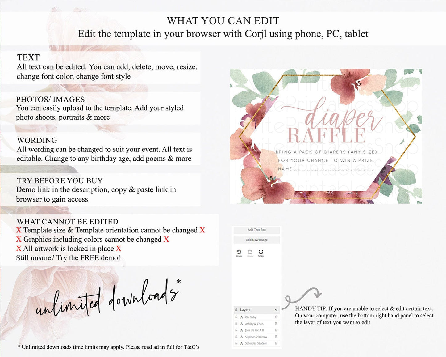 Secret Garden Diaper Raffle Card Boho Wildflower Diaper Raffle Insert Pastel Flower Garden Baby Shower Card Flower Raffle Game D10964