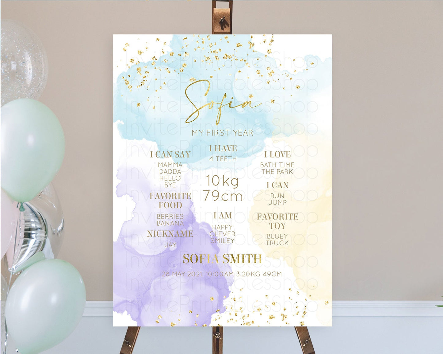 Pastel First Birthday Milestone Board Pastel Rainbow Milestone Poster Colorful Confetti Watercolor Glitter 1st Birthday Welcome Sign D10206