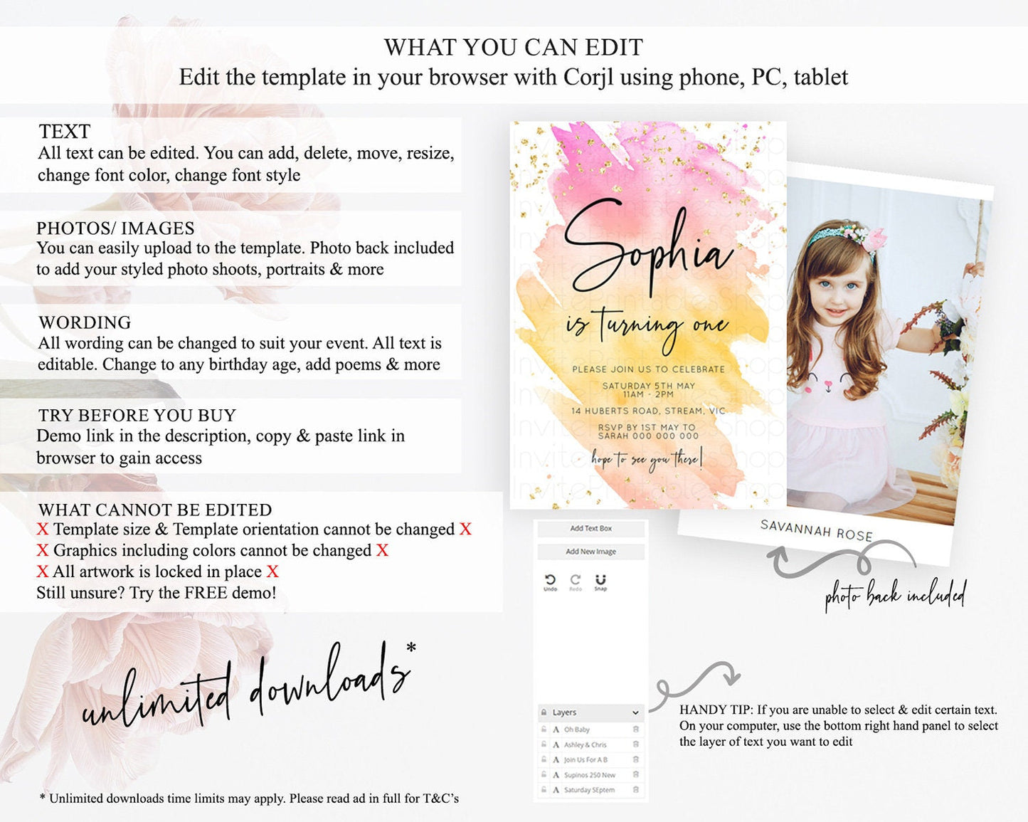 Rainbow Birthday Invitation Colorful Pastel Watercolor Invitation Gold Glitter Sprinkles Ombre Pastel 1st 2nd 3rd Birthday D10527