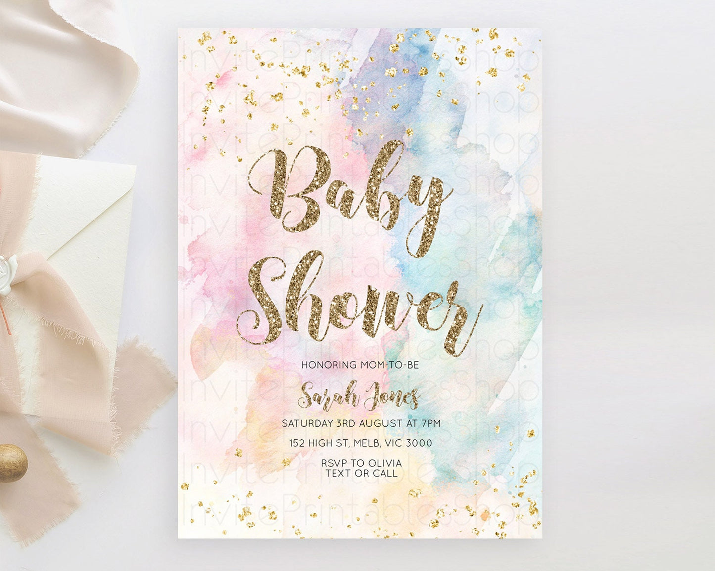 Rainbow Baby Shower Invitation Pastel Watercolor Invitation Colorful Splash Gold Splatter Glitter Foil Sprinkles Confetti Editable D10264