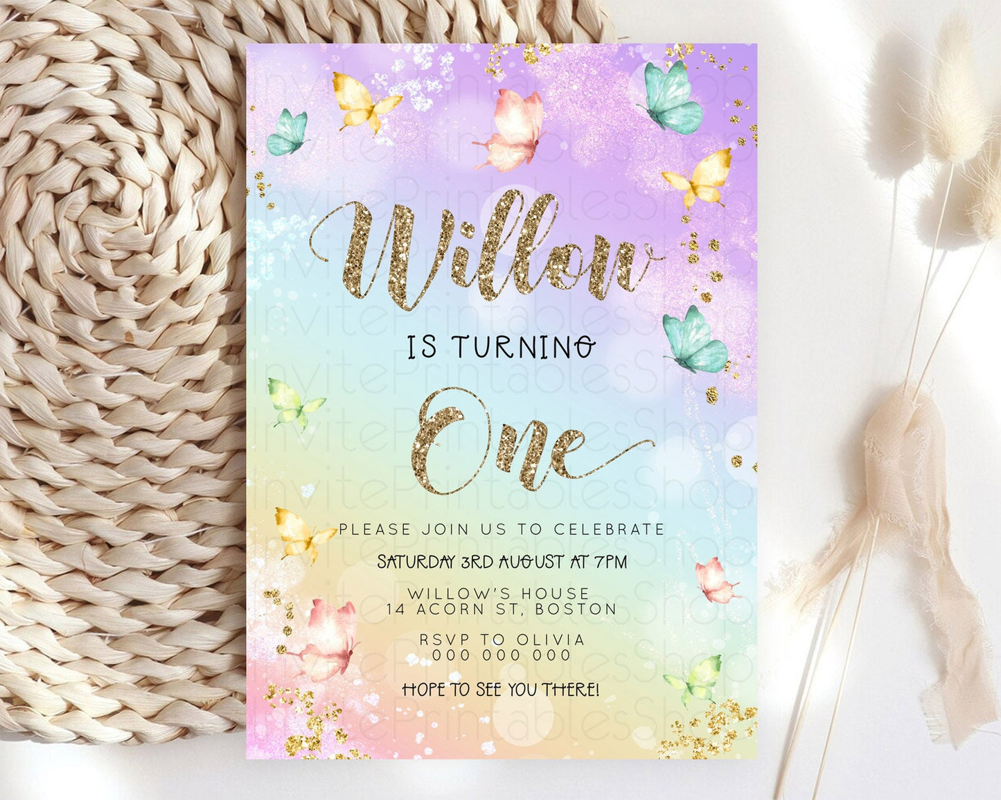 Pastel Butterfly Birthday Invitation Butterfly Birthday Invitation Colorful Splash Glitter Butterfly Garden 1st 2nd Birthday D23089