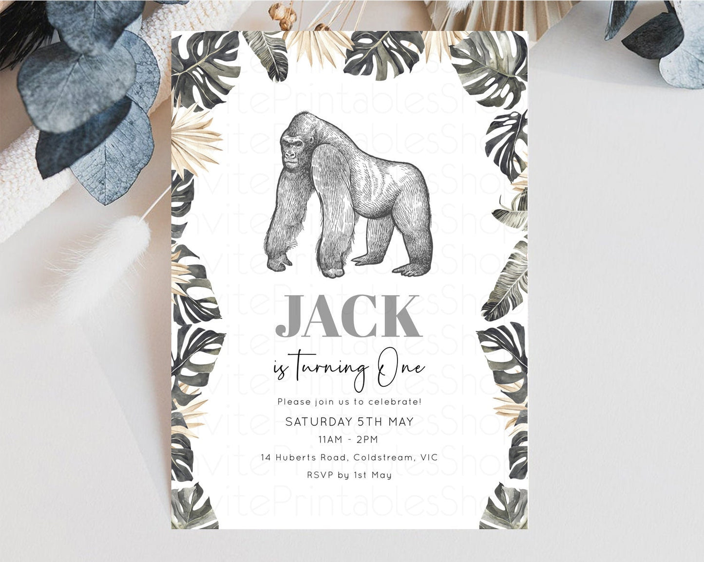 Gorilla Birthday Invitation Gorilla Invitation Tropical Palms Invitation Jungle Safari Adventure Zoo Party Wild Party Animal 1st 2nd 3rd 268