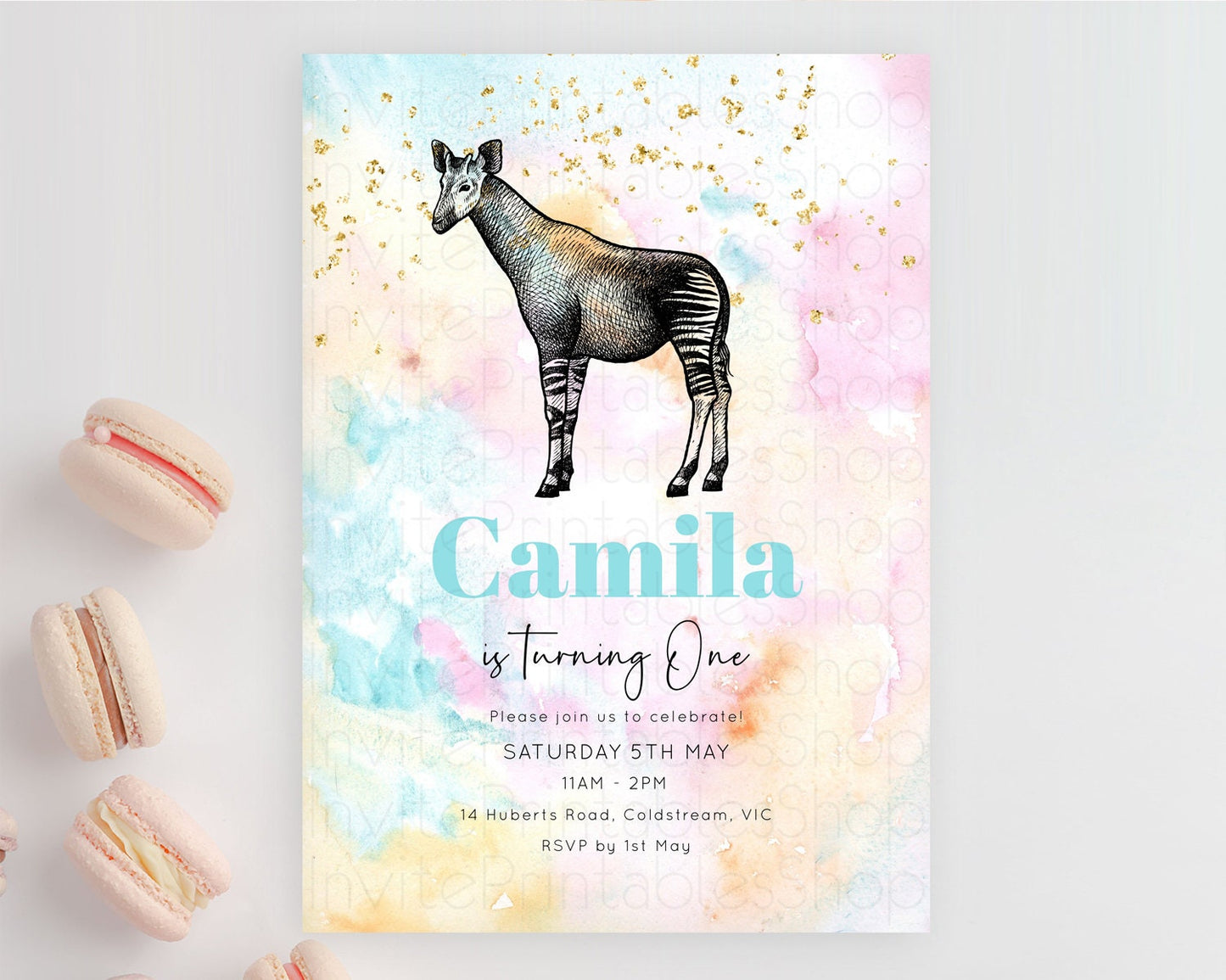 Okapi Birthday Invitation Okapi Invitation Okapi Birthday Pastel Watercolor Okapi Invitation Rainbow Okapi Invitation D10282