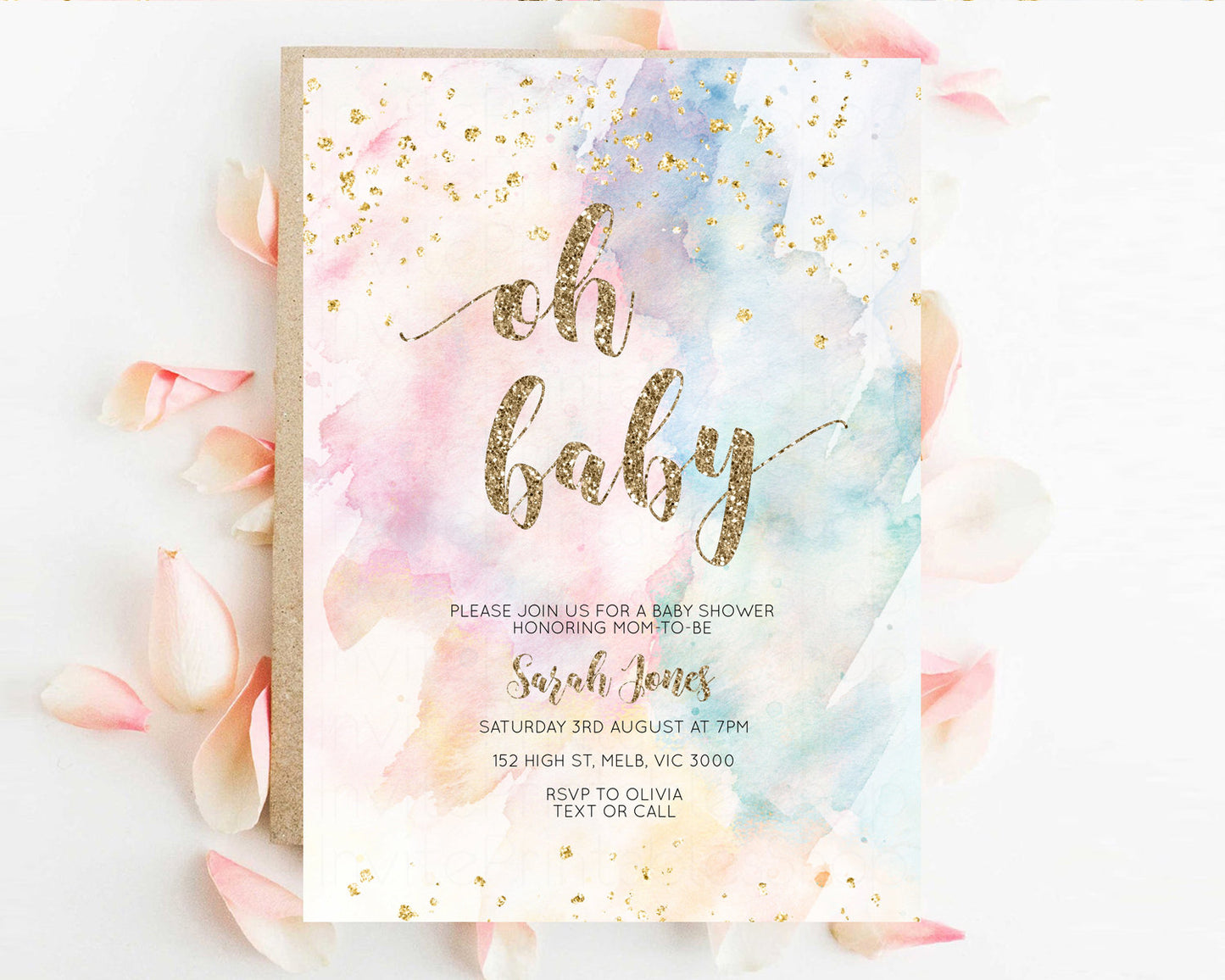 Rainbow Baby Shower Invitation Pastel Baby Shower Invitation Watercolor Ombre Invitation Rainbow Pastel Colors Invite Glitter Confetti 276