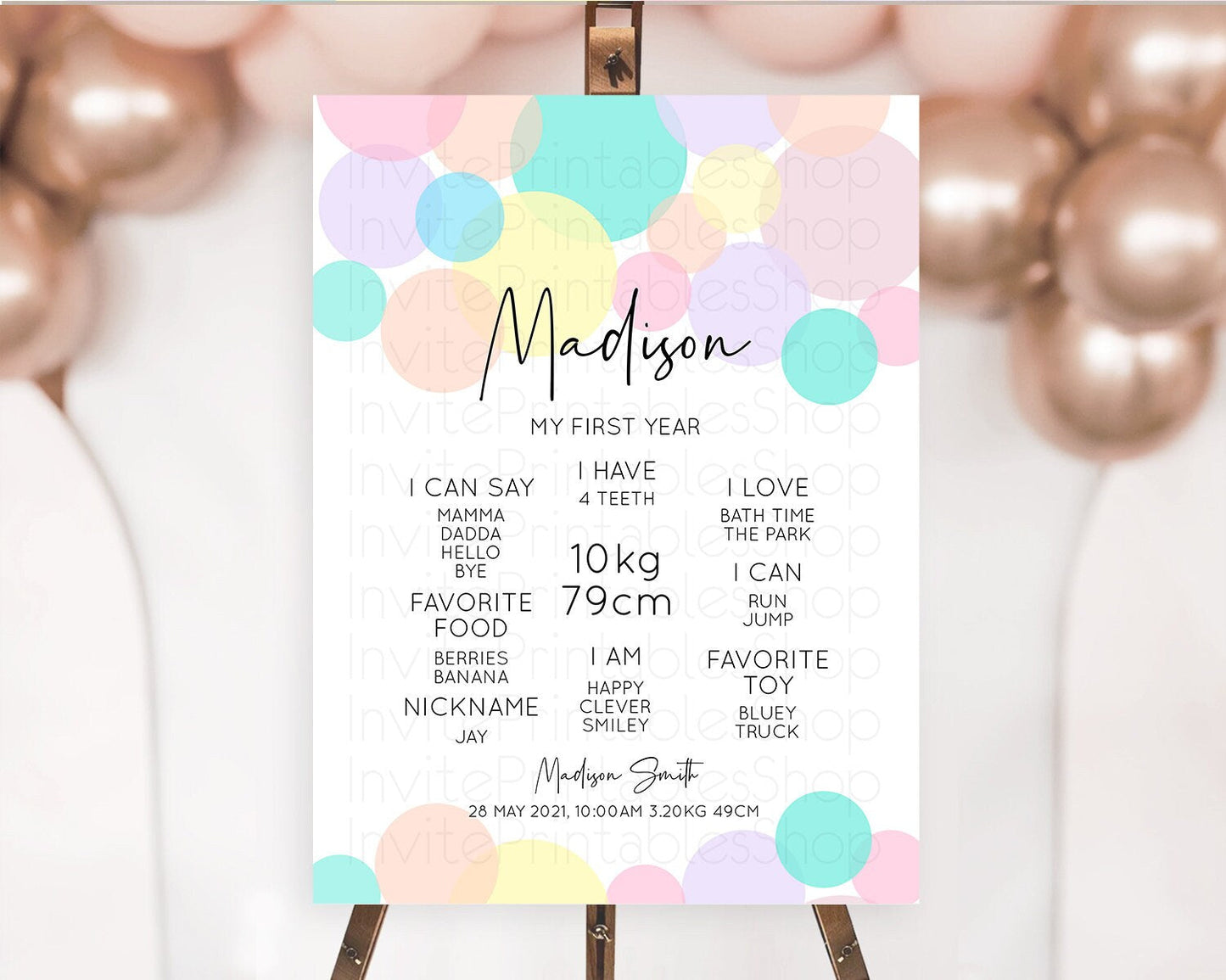 Pastel First Birthday Milestone Poster Pastel Rainbow Confetti First Birthday Milestone Board Colorful Bubbles Birthday Welcome Sign D10223