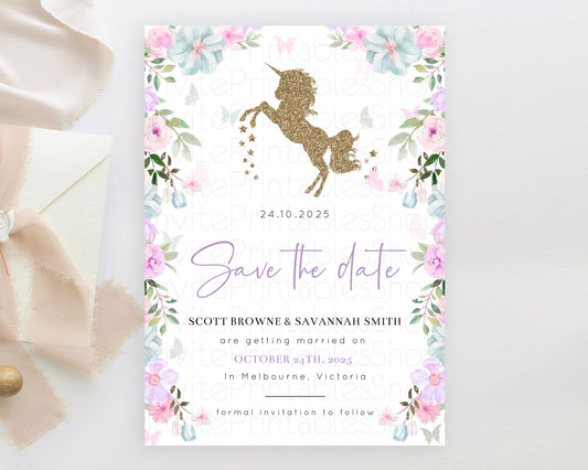 Unicorn Rainbow Save The Date Template Pastel Unicorn Party Magical Pastel Ombre Watercolor Unicorn 1st Birthday Baptism Baby Shower D10467