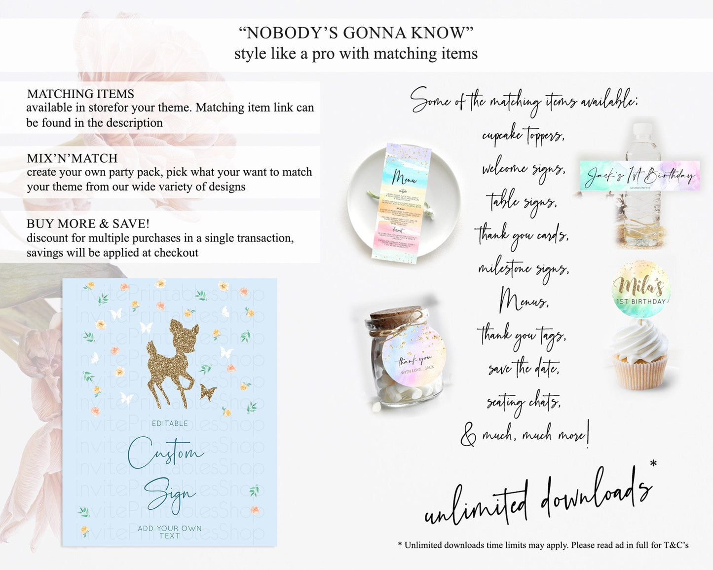 Fawn Deer Sign Pastel Floral Deer Table Sign Decor Enchanted Forest Butterfly Party 1st Birthday Baptism Baby Shower Bridal Shower D10902