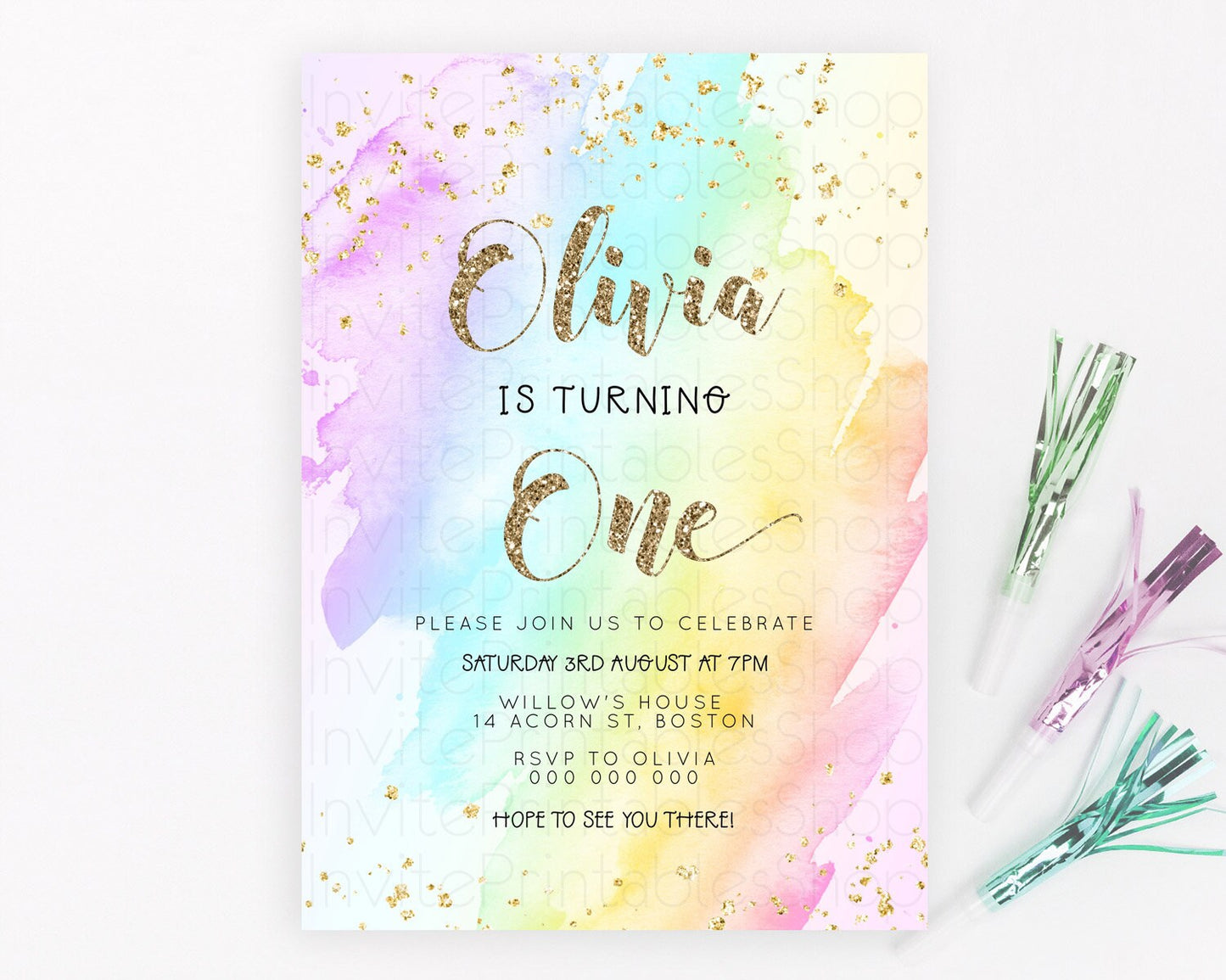 Rainbow Birthday Invitation Colorful Pastel Watercolor Invitation Gold Glitter Sprinkles Ombre Pastel 1st 2nd 3rd Birthday D23286