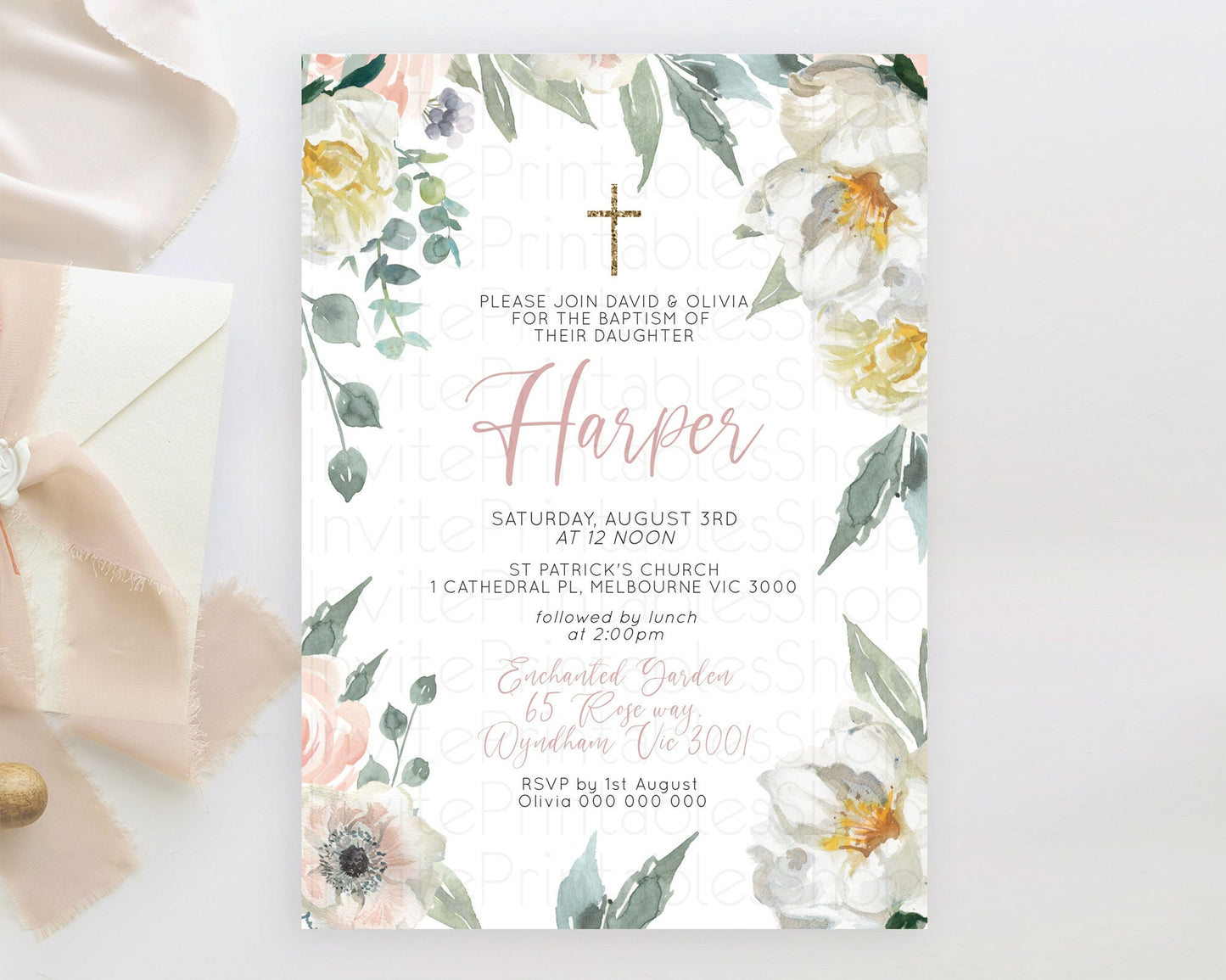 Secret Garden Baptism Invitation Wildflower Baptism Birthday Invite Pastel Flowers Christening Invite Enchanted Garden Boho Floral  D10121