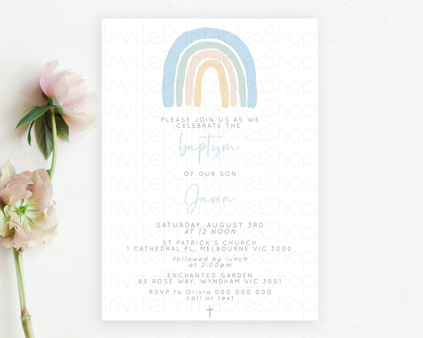 Pastel Rainbow Baptism Invitation Boho Rainbow Baptism 1st Birthday Invitation Rainbow Pastel Watercolor Christening Invitation D10200